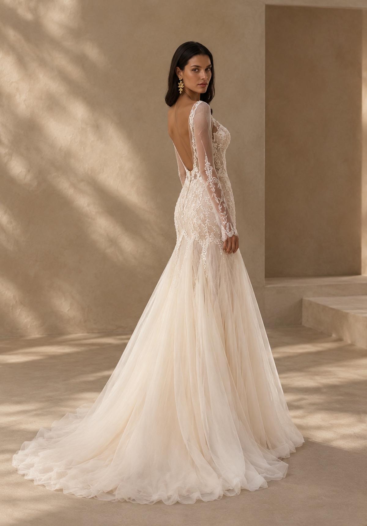 BOLODOO Ivory Lace Long Sleeve Wedding Dress with Open Back and Train 