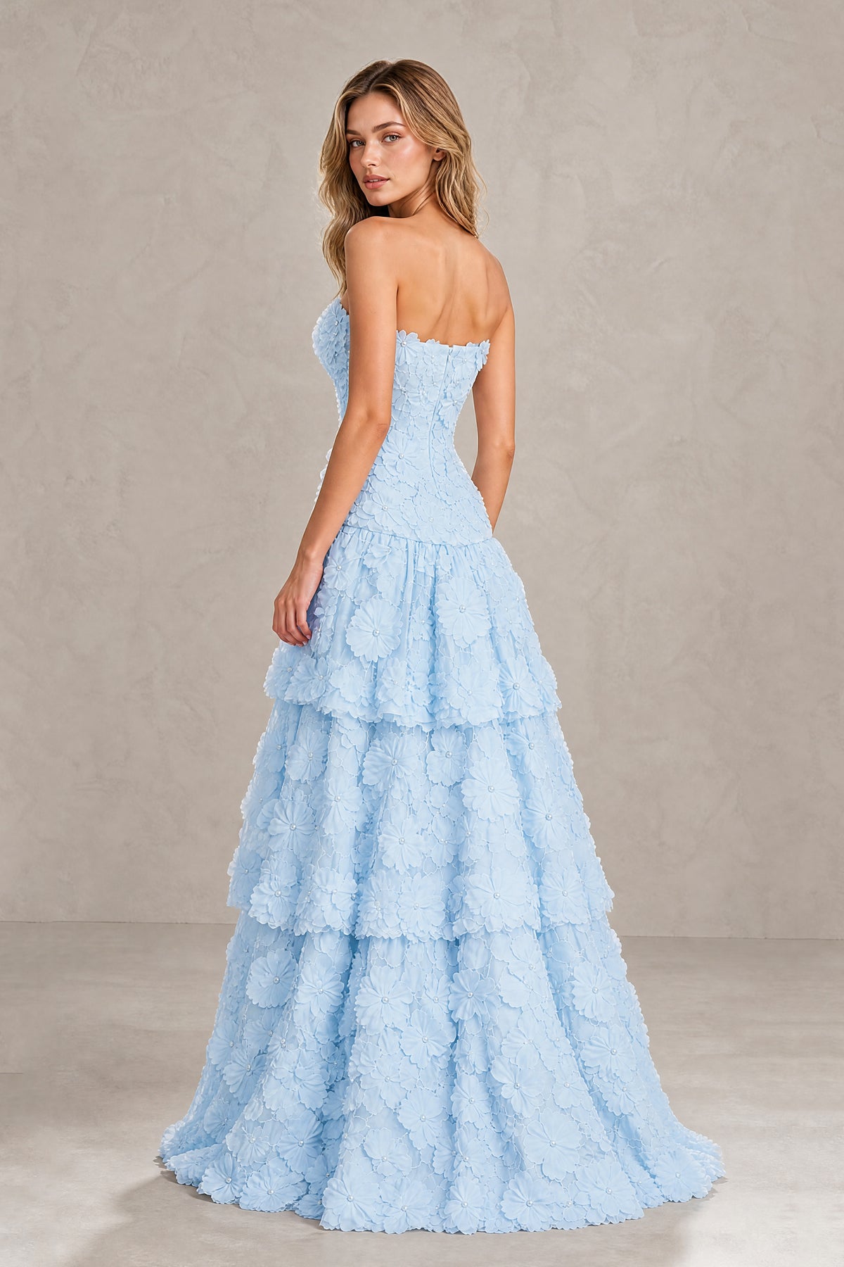 BOLODOO light blue strapless textured floral tiered formal gown front detail