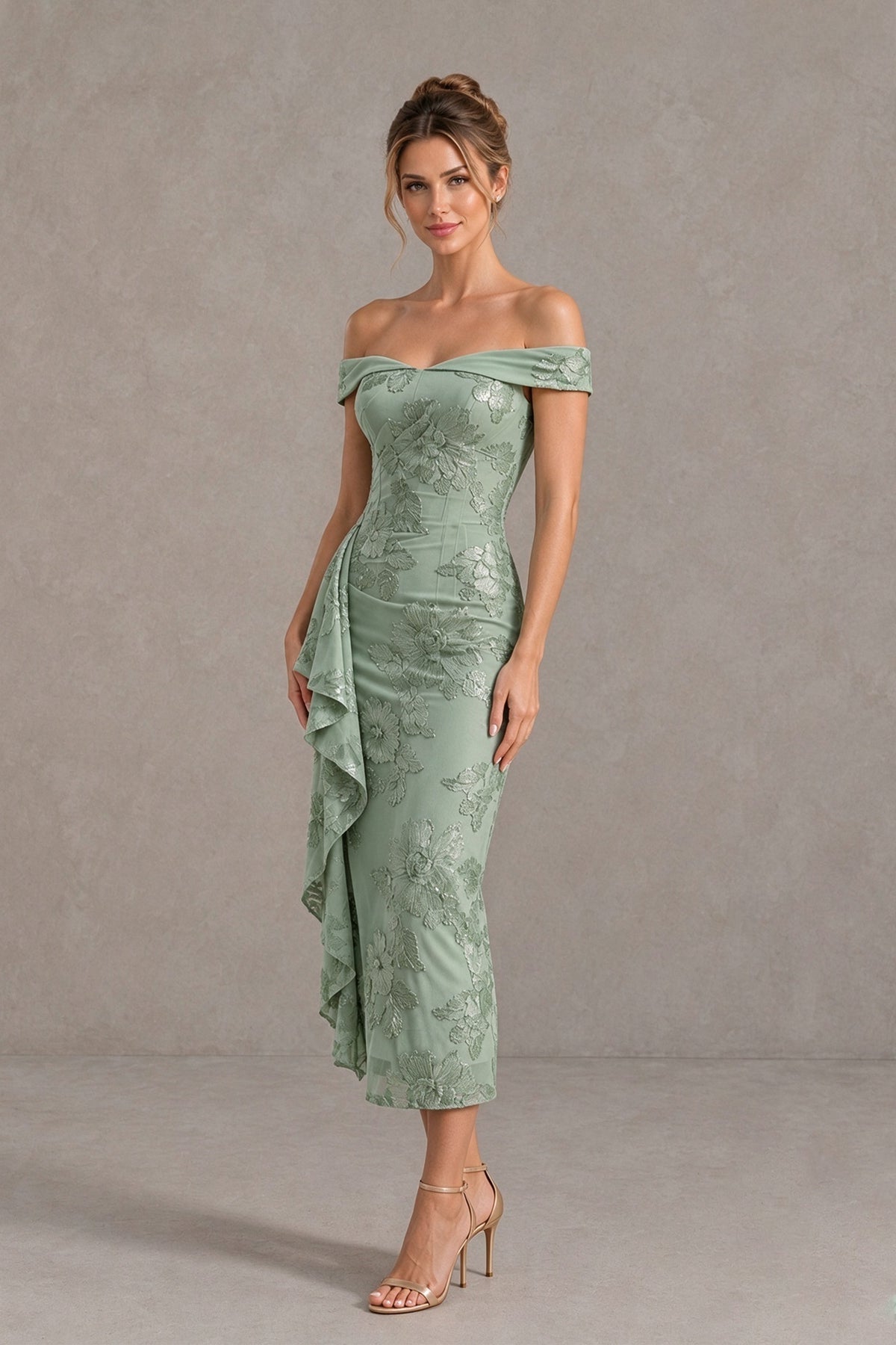 Three-quarter view of BOLODOO sage green floral sheath dress showing side ruffle and fitted waist