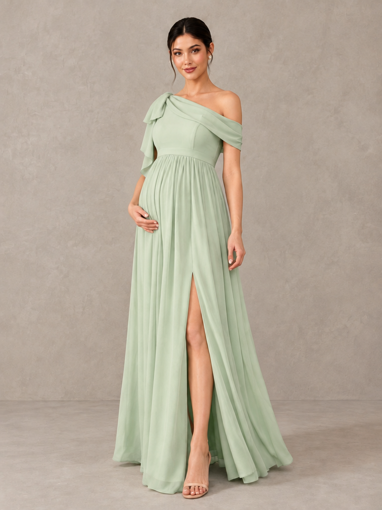 BOLODOO Sage Green One-Shoulder Maternity Bridesmaid Dress with Slit 
