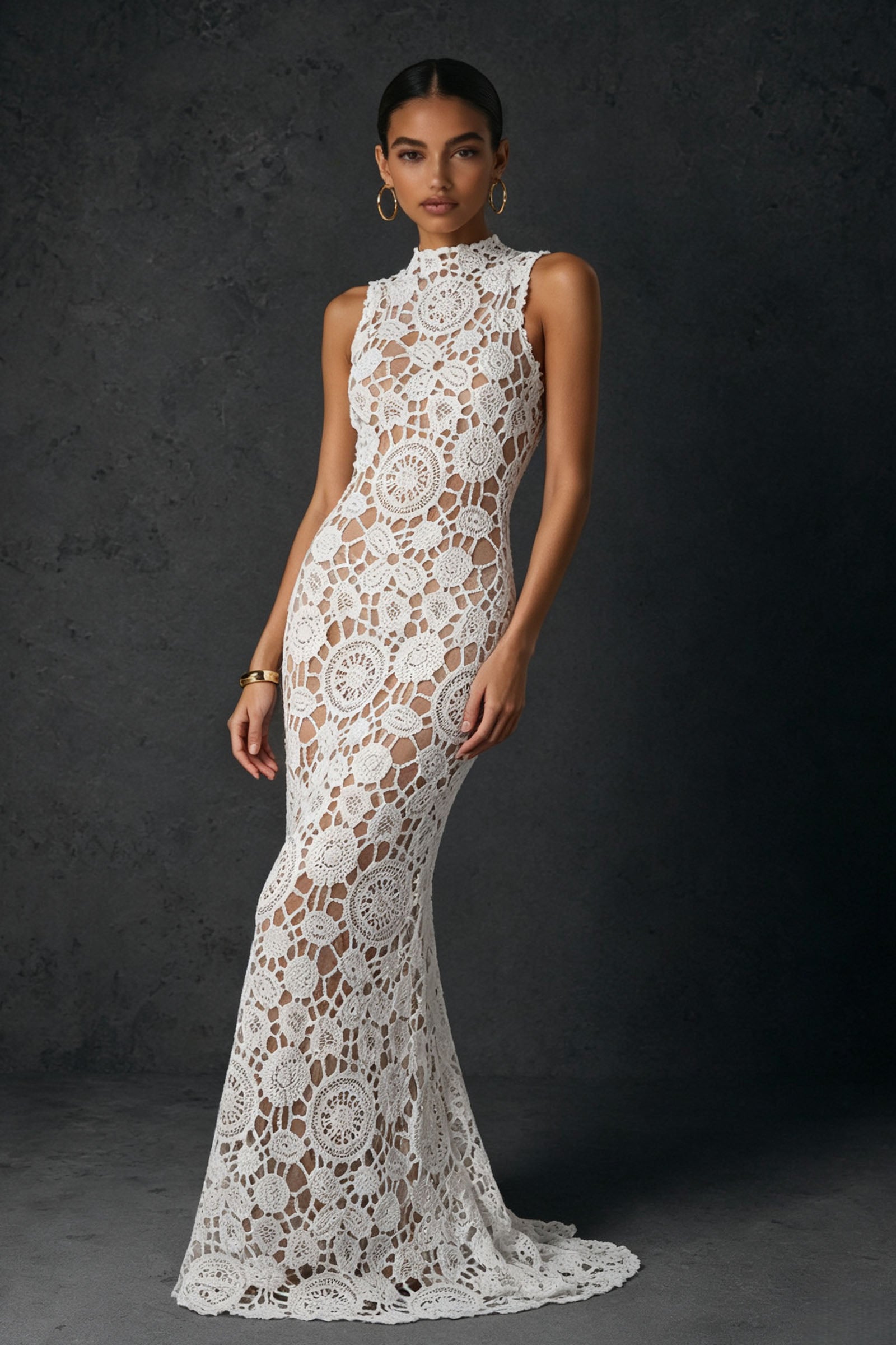 BOLODOO white crochet lace high neck sleeveless sheer mermaid maxi dress - side view showing silhouette and train
