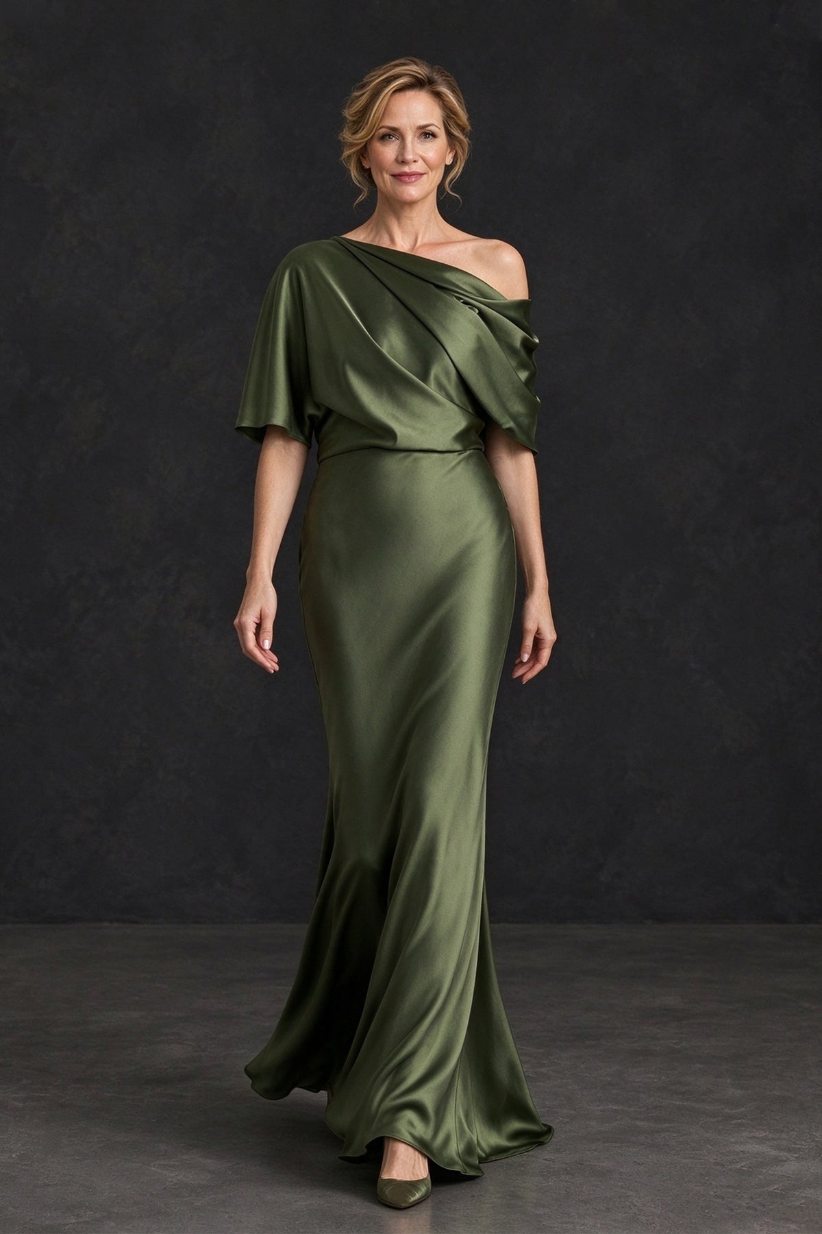 Walking front view of BOLODOO olive green floor-length satin gown with draped short sleeves