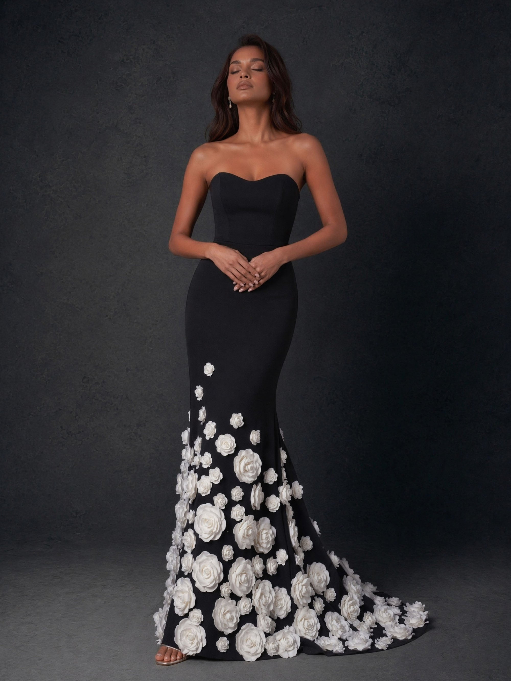 BOLODOO Black Sweetheart Strapless Crepe Mermaid Gown with White 3D Rose Floral Appliqué Skirt Open Back - Front Upper Body and Skirt View Showing 3D Rose Floral Appliqué Detail