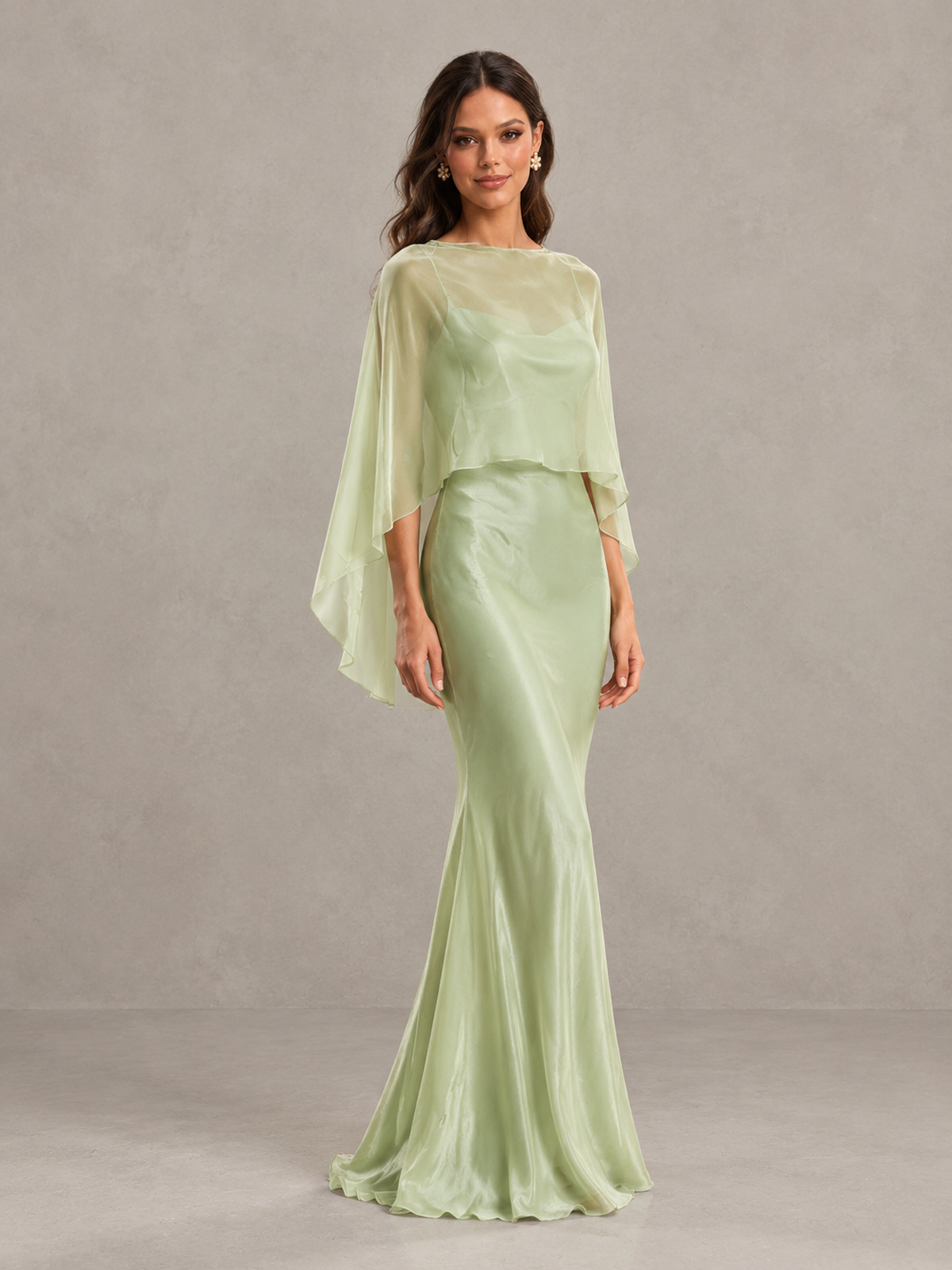 BOLODOO Sage Green Satin Mermaid Bridesmaid Dress with Chiffon Cape 