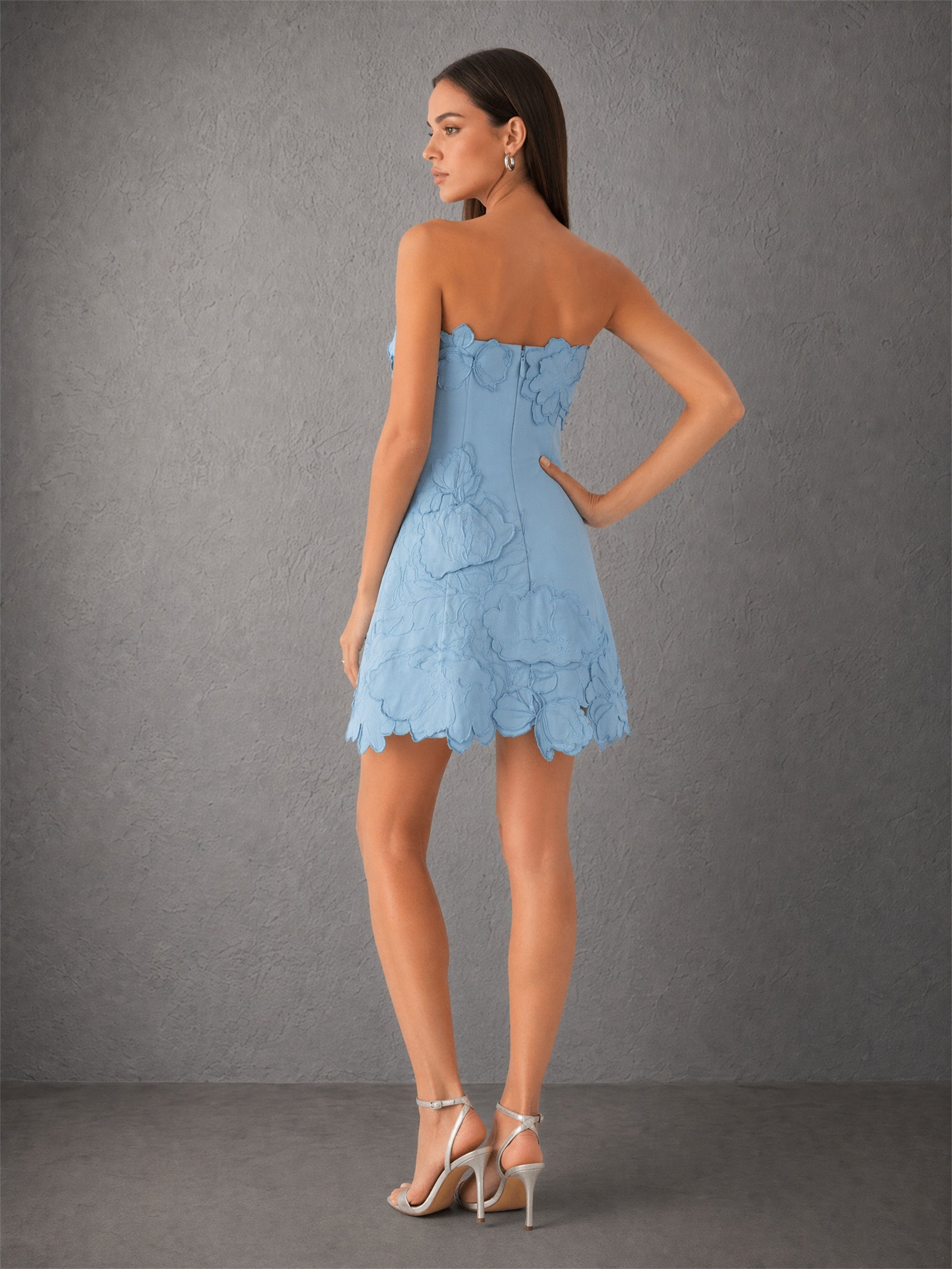BOLODOO sky blue strapless floral lace mini dress - back view showing open back, concealed zipper and scalloped hem