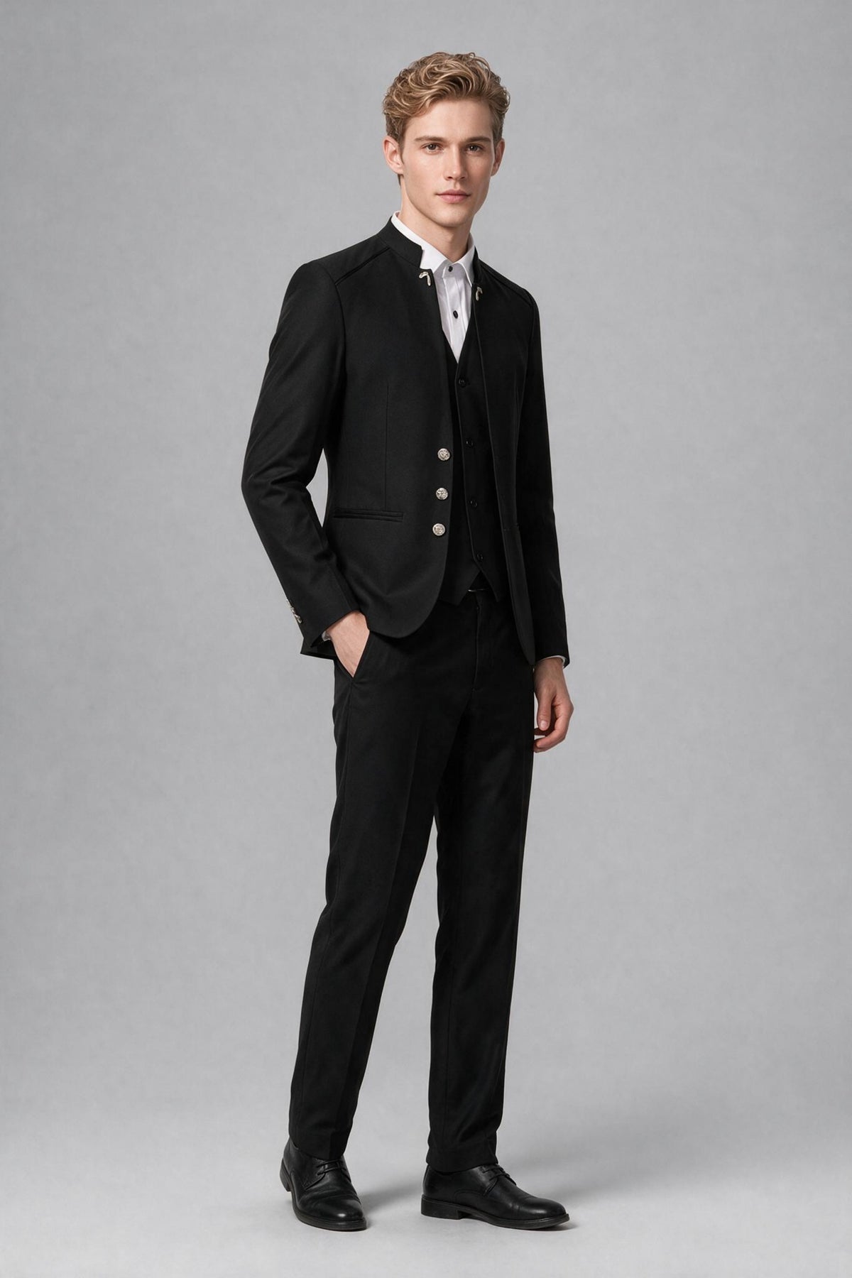 Bolodoo FQ1011 men's black three-piece suit jacket and trousers, full back view