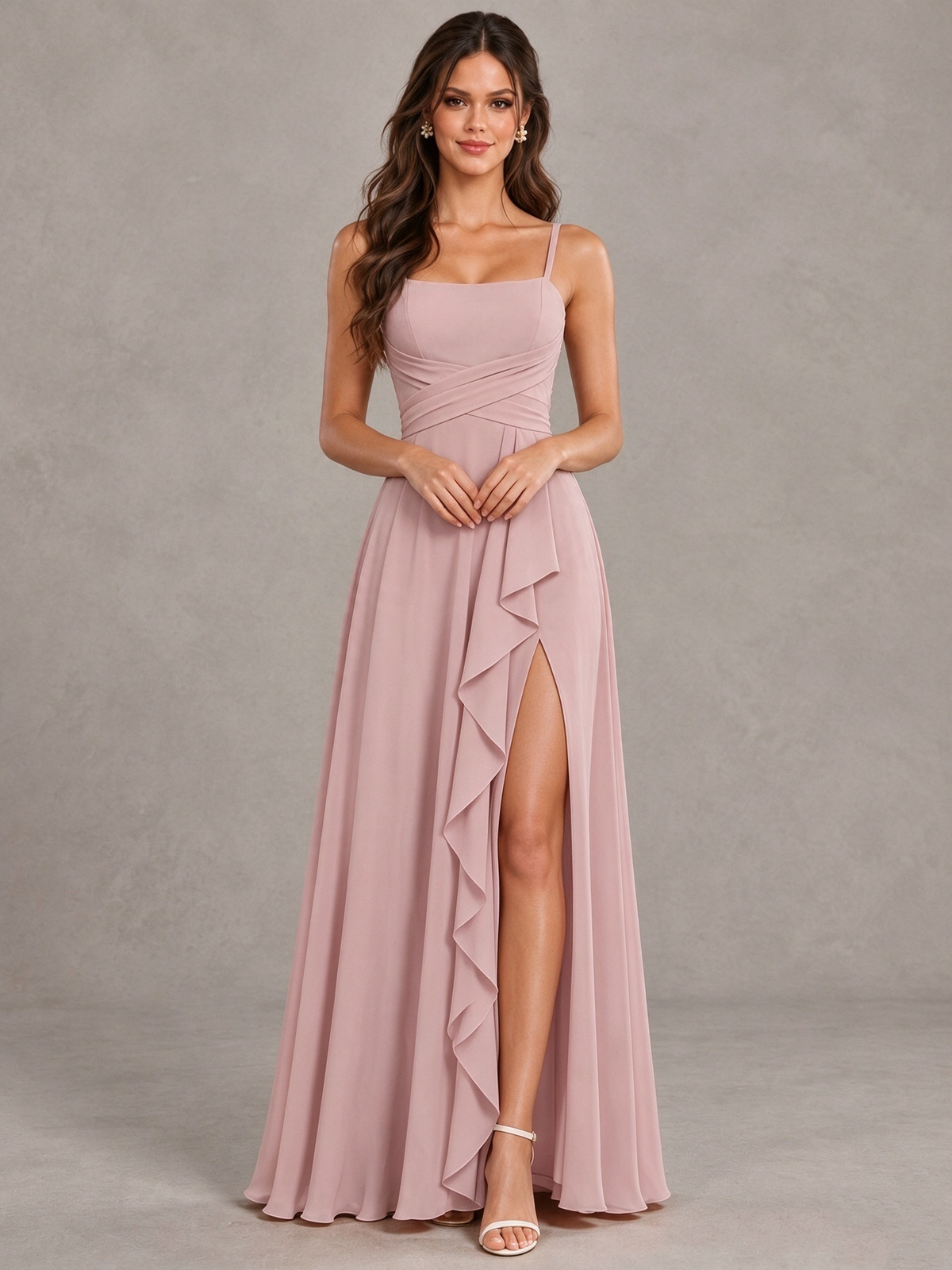 BOLODOO Dusty Rose Spaghetti Strap Ruffle Bridesmaid Dress with Slit 