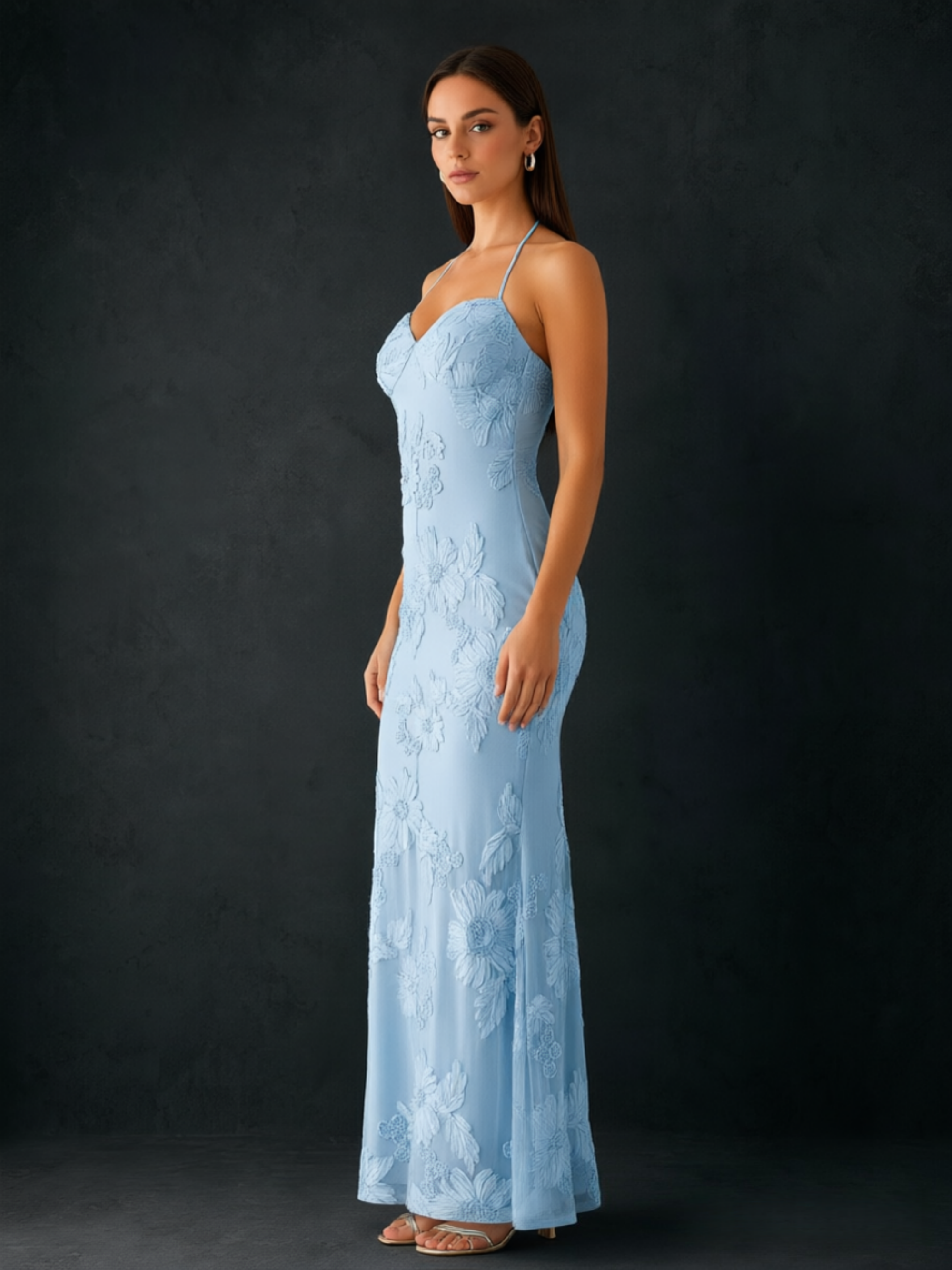 BOLODOO Sky Blue 3D Floral Embroidered Halter Sweetheart Lace-Up Open Back Mermaid Maxi Dress - Front Full Length Standing View