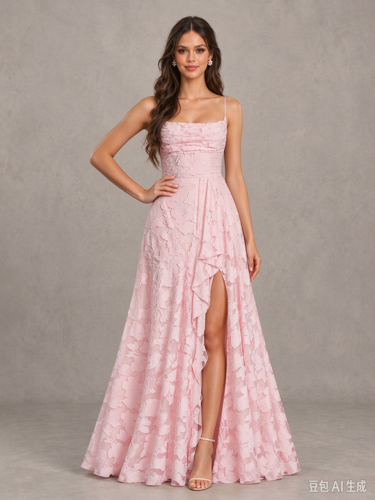 BOLODOO Blush Pink Floral Appliqué Slit Maxi Dress 
