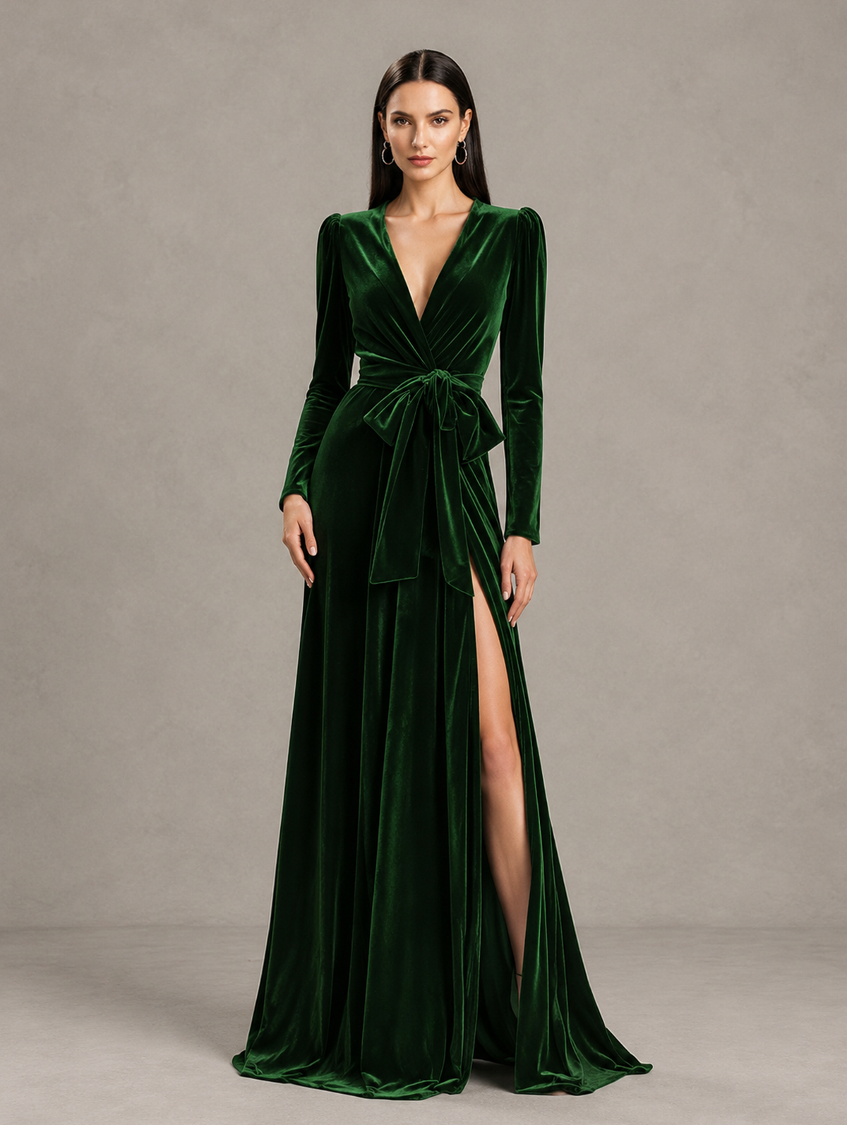 BOLODOO Dark Green Long Sleeve Velvet-Look Evening Dress with High Slit 
