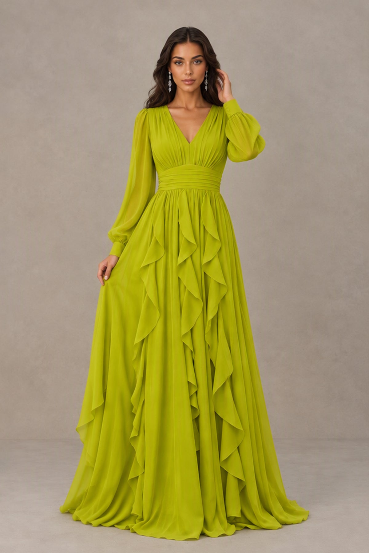 BOLODOO chartreuse floor-length dress with ruched waist and cascading ruffles, styled front view