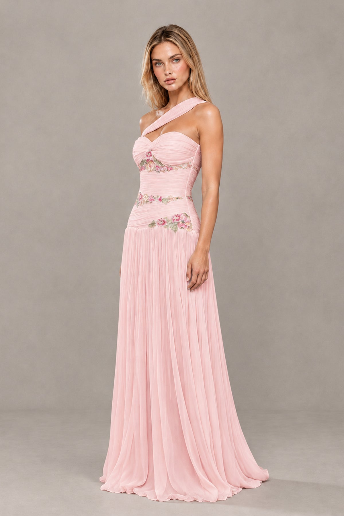 BOLODOO XX082 pink A-line prom gown showing asymmetric strap and floral waist detail, side view