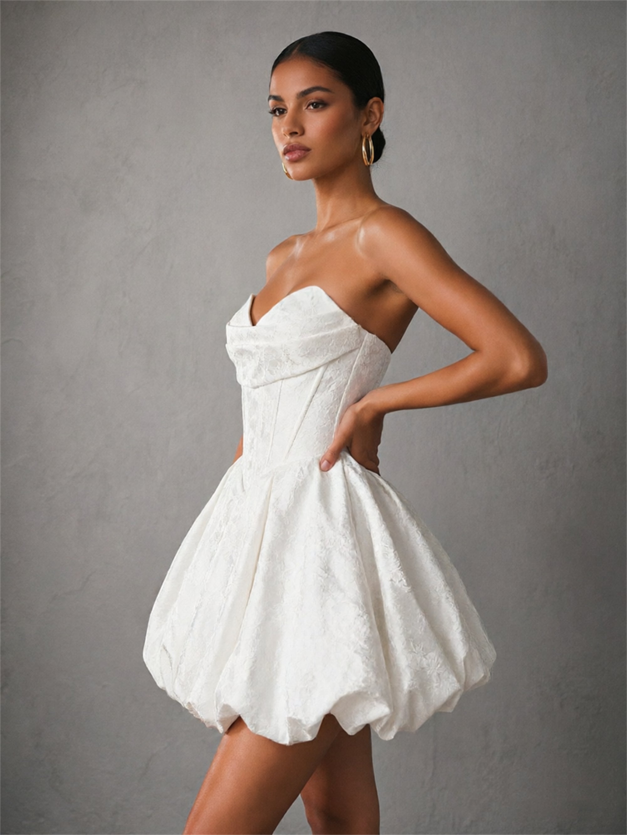 BOLODOO white strapless bubble mini dress - side view showing bubble skirt silhouette