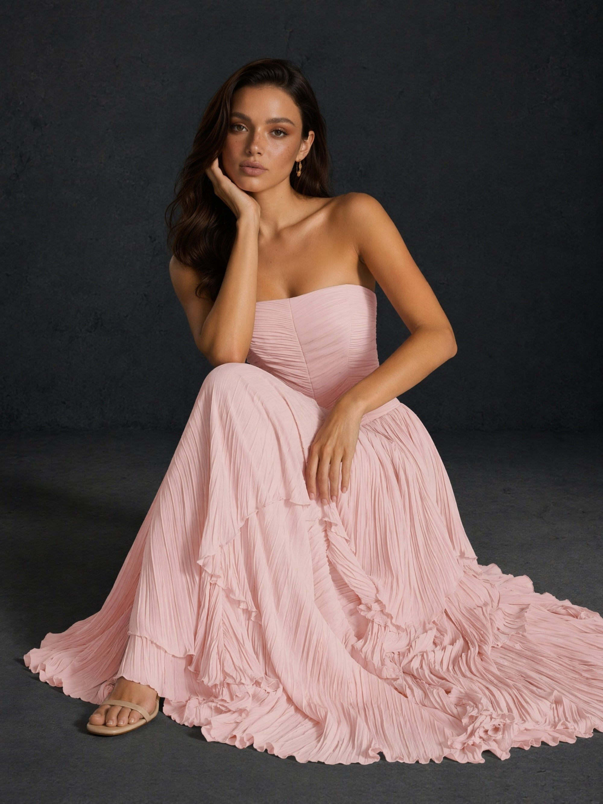 BOLODOO Blush Pink Pleated Chiffon Strapless Lace-Up Corset Back Tiered Ruffle Maxi Dress - Front Full Length Walking Dynamic View