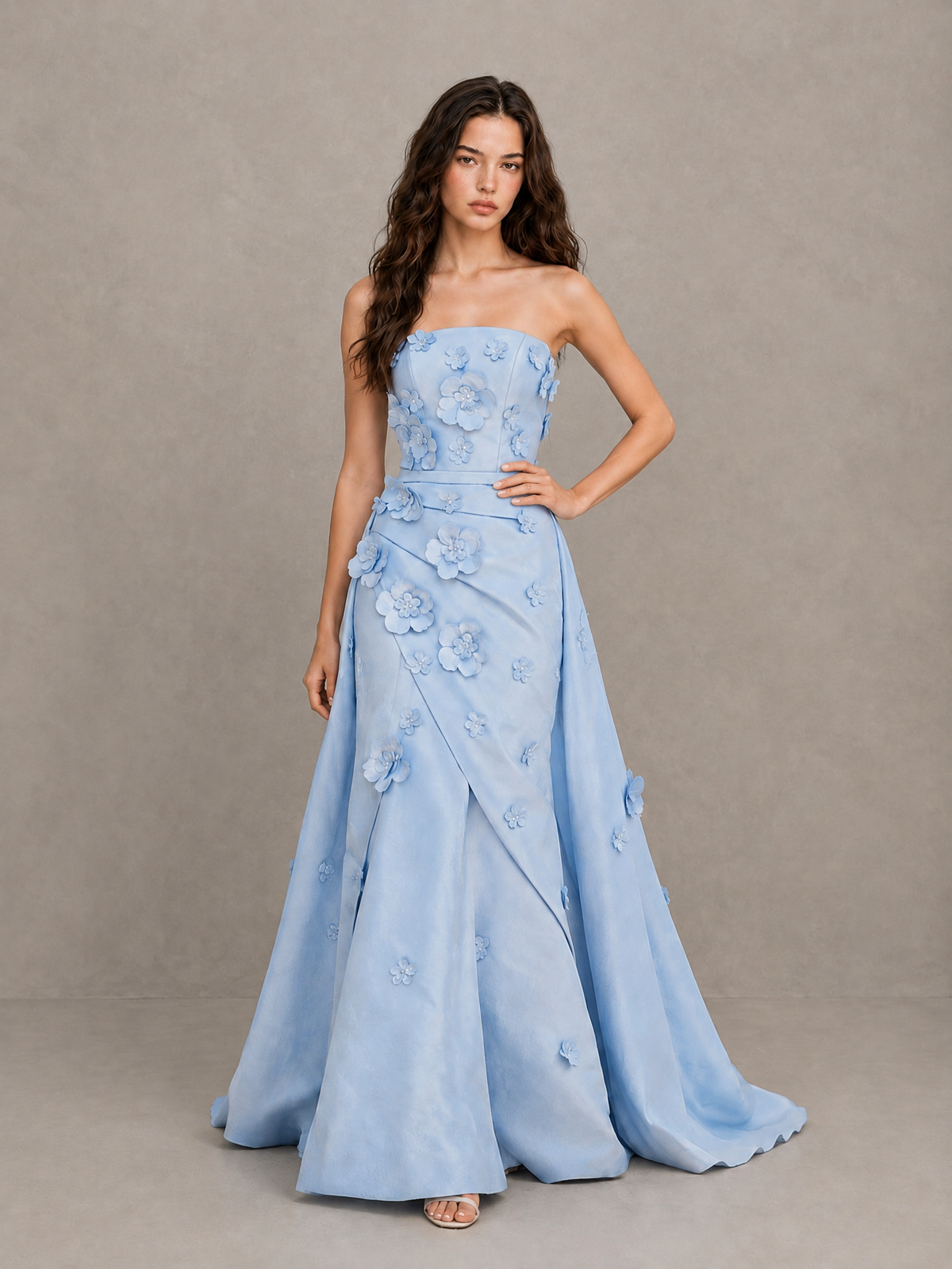 BOLODOO Light Blue Strapless 3D Floral Applique Prom Gown with Draped Skirt 