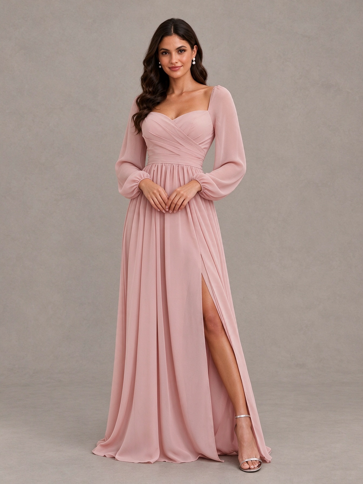 BOLODOO Dusty Rose Long Sleeve Chiffon Bridesmaid Dress with Slit 