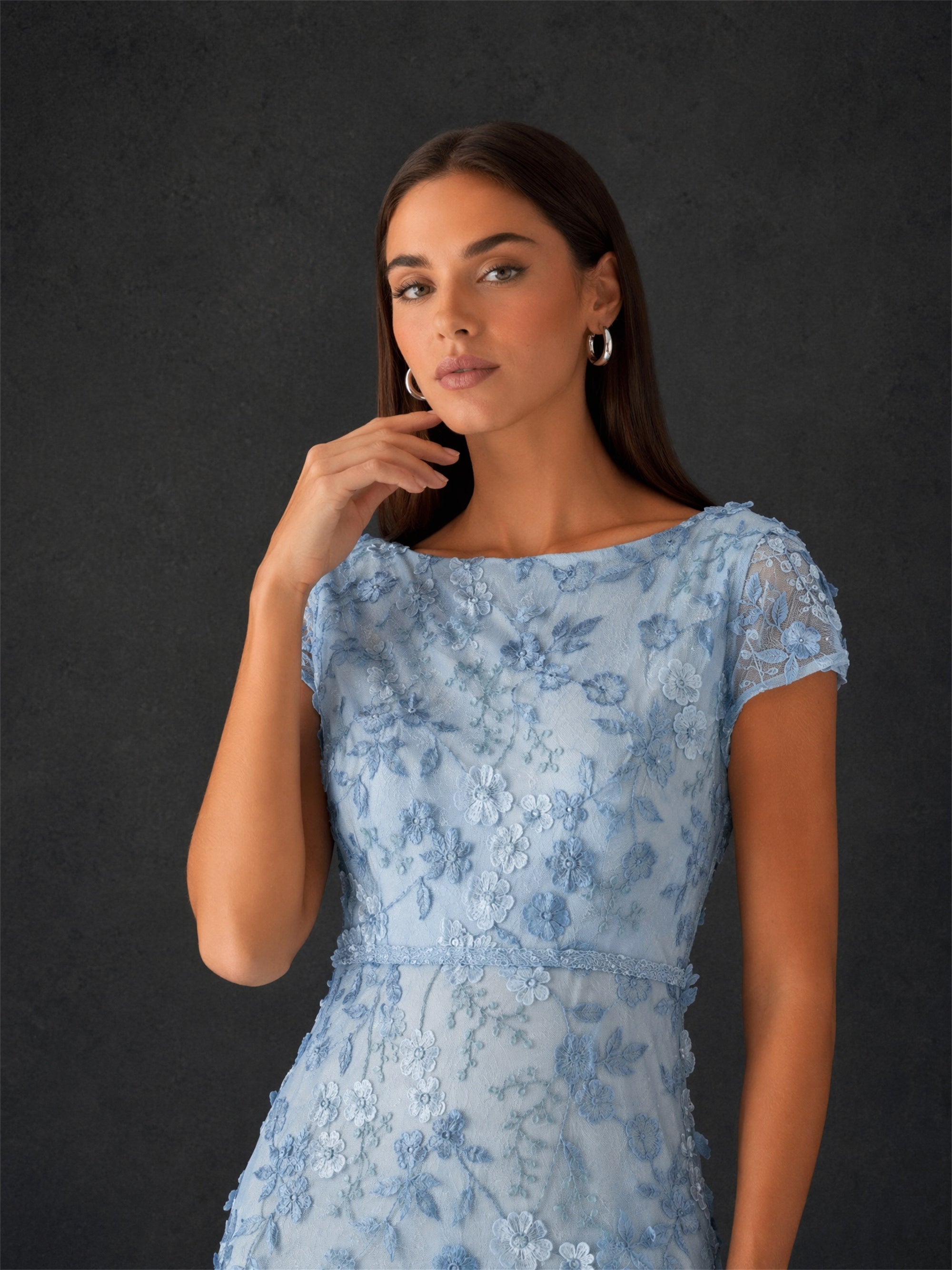 BOLODOO dusty blue 3D floral embroidered lace cap sleeve bateau neck mermaid maxi dress - front close up bodice and 3D floral lace detail