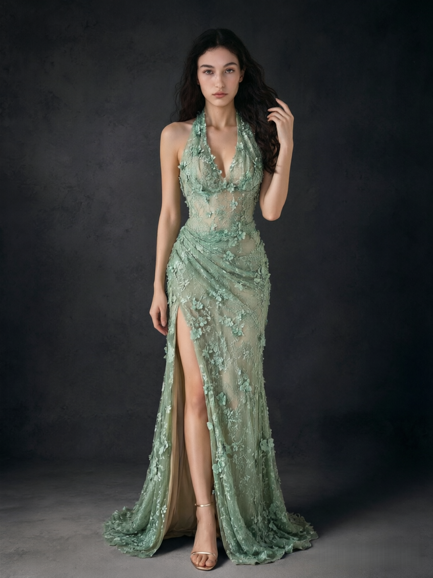 BOLODOO sage green 3D floral embroidered lace halter deep V-neck mermaid backless slit maxi dress - close up bodice and 3D floral detail