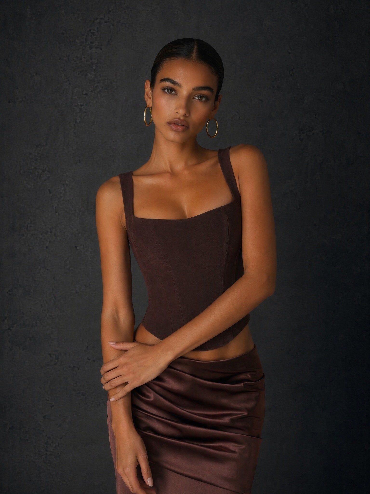 BOLODOO chocolate brown satin two-piece set - three-quarter front view showing full mermaid silhouette