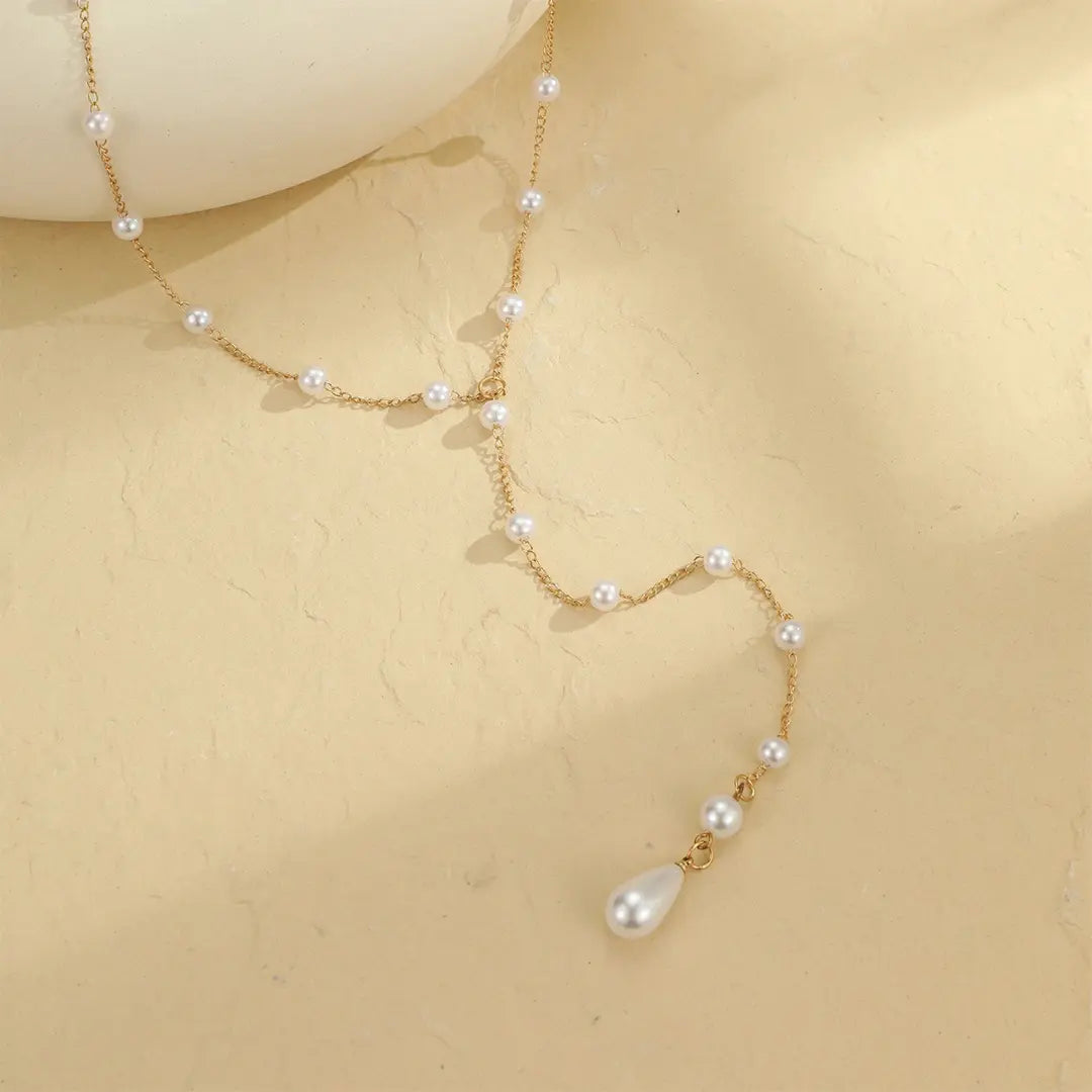 BOLODOO Gold-Tone Pearl Back Drop Necklace | Scattered Pearl Back Chain for Open-Back Wedding & Evening Dresses 