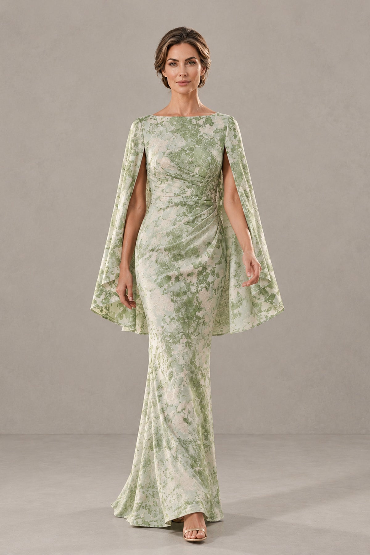 BOLODOO XX046 floral boat neck formal dress with flowing cape sleeves, walking front view