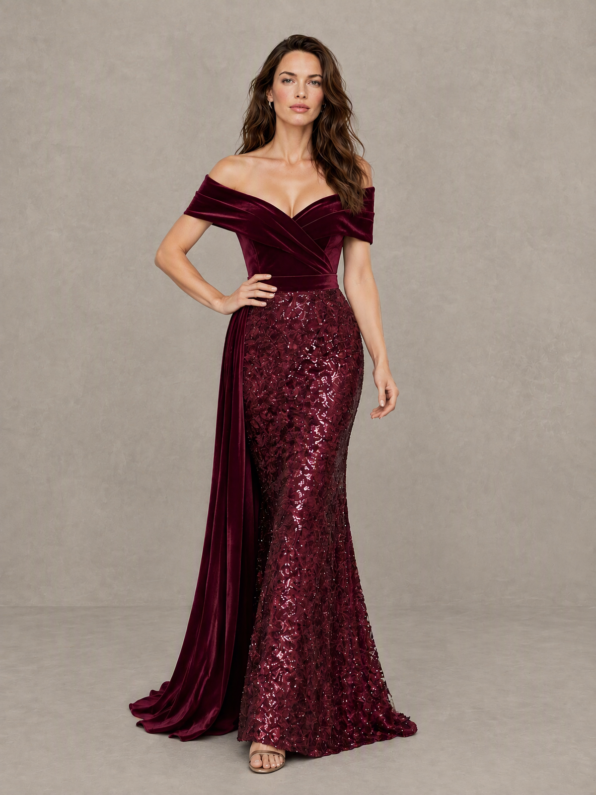 BOLODOO Burgundy Off-Shoulder Velvet & Sequin Evening Gown with Side Train 