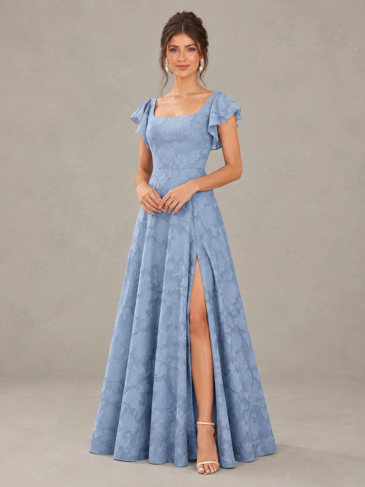 BOLODOO Dusty Blue Floral Flutter Sleeve Bridesmaid Dress with Slit 