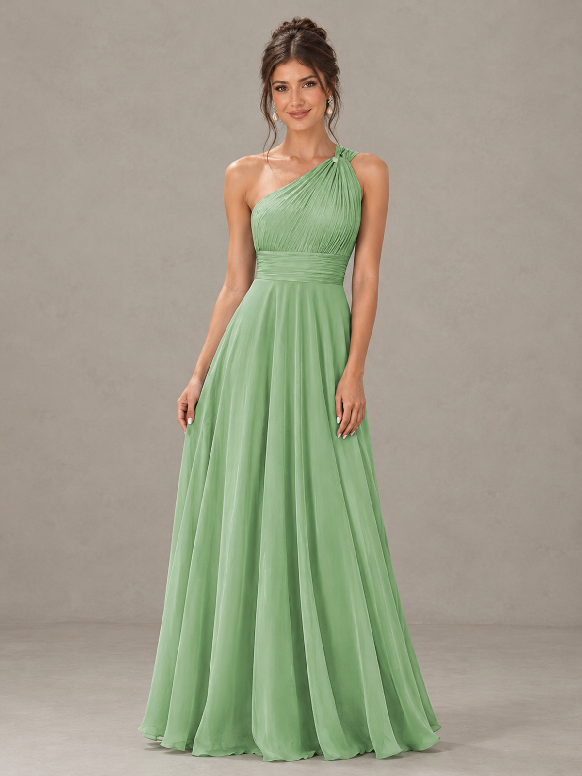 BOLODOO Sage Green One-Shoulder Chiffon-Look Bridesmaid Dress 