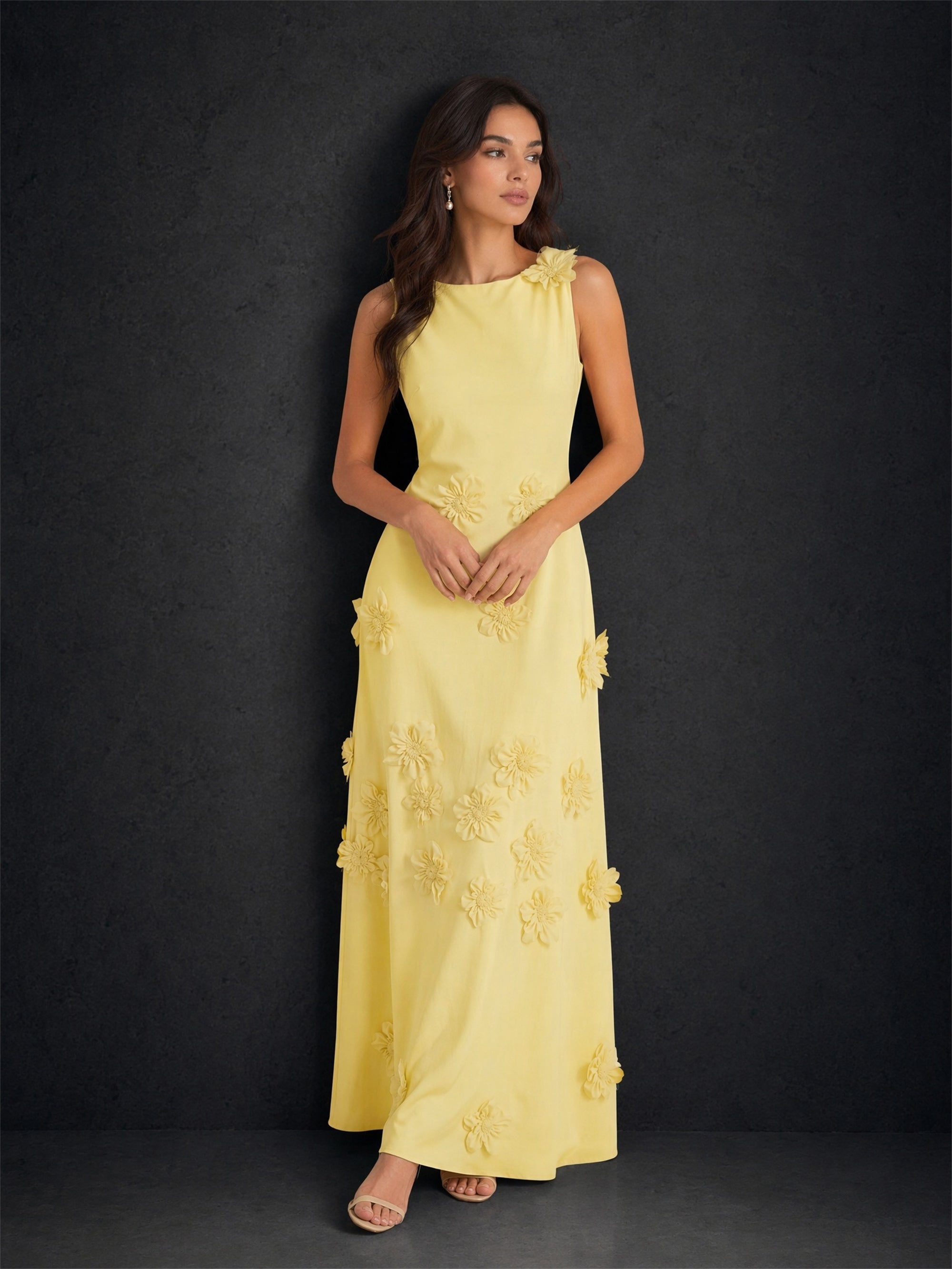 BOLODOO lemon yellow chiffon 3D daisy floral applique round neck sleeveless A-line maxi dress - front full length walking view