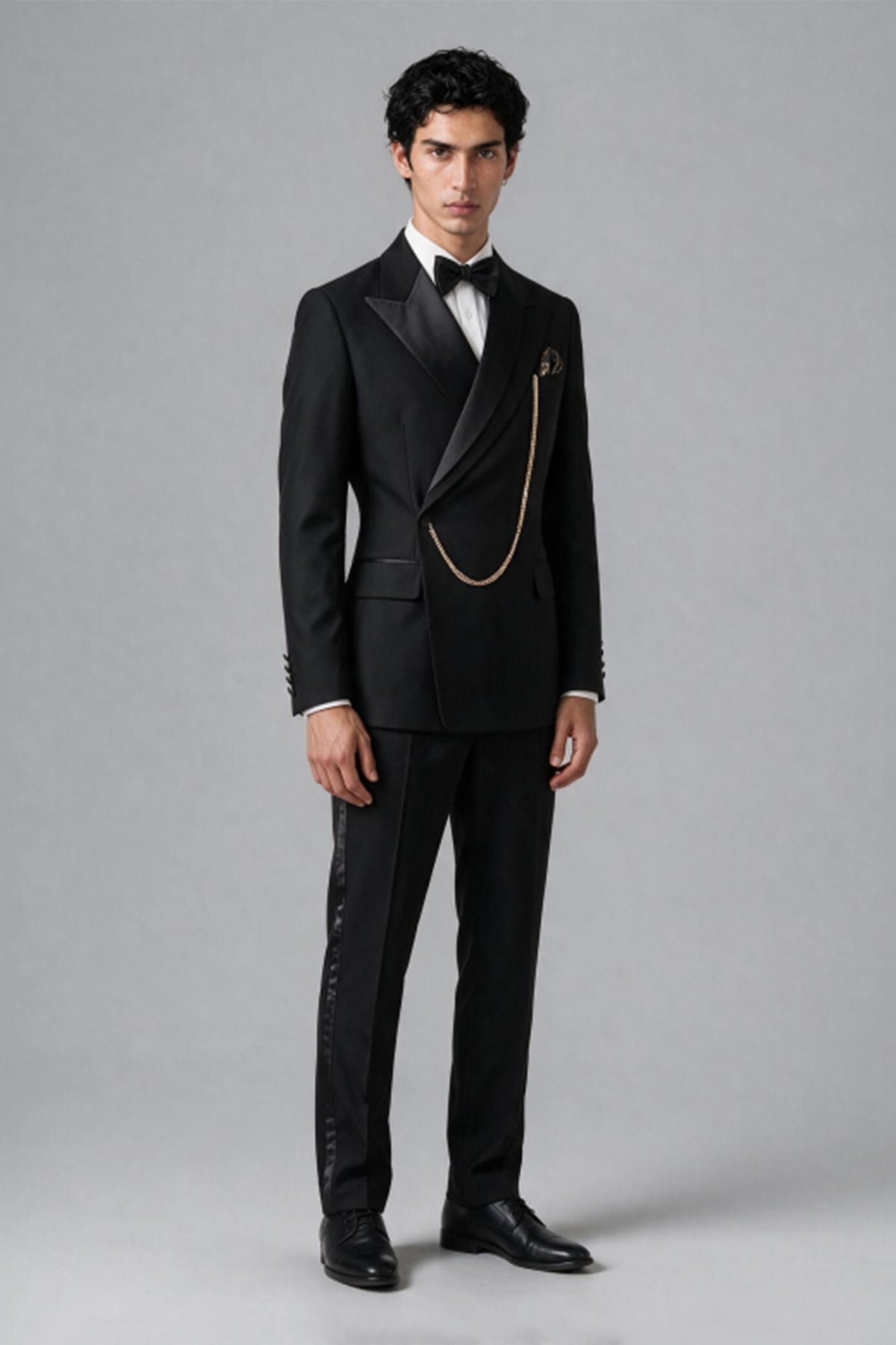 Bolodoo FQ1009 men's black two-piece tuxedo suit, back view of jacket and trousers