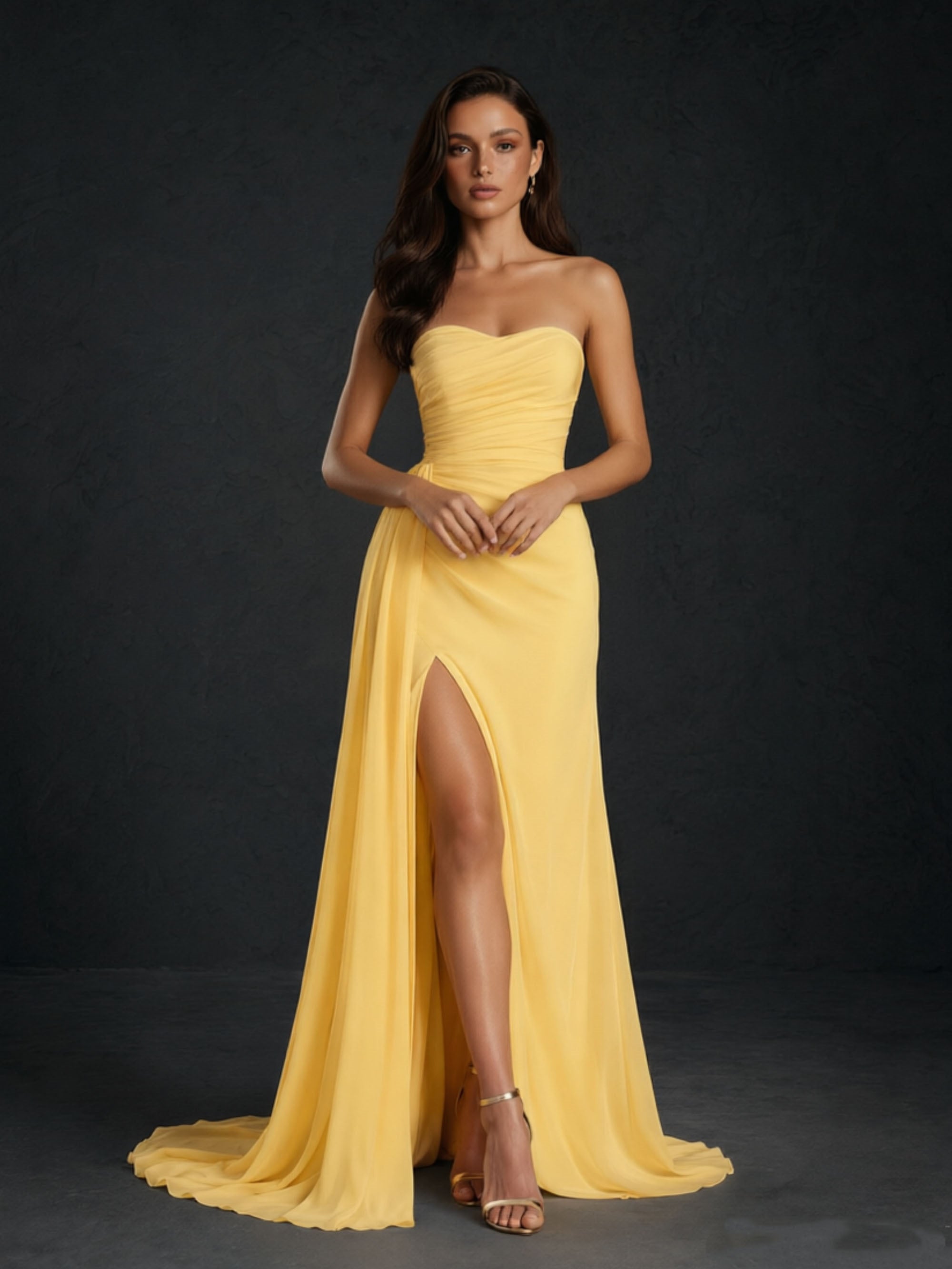 BOLODOO Yellow Chiffon Sweetheart Ruched Bodice Open Back High Slit A-Line Maxi Dress - Front Full Length Hands Clasped View Showing Full A-Line Silhouette