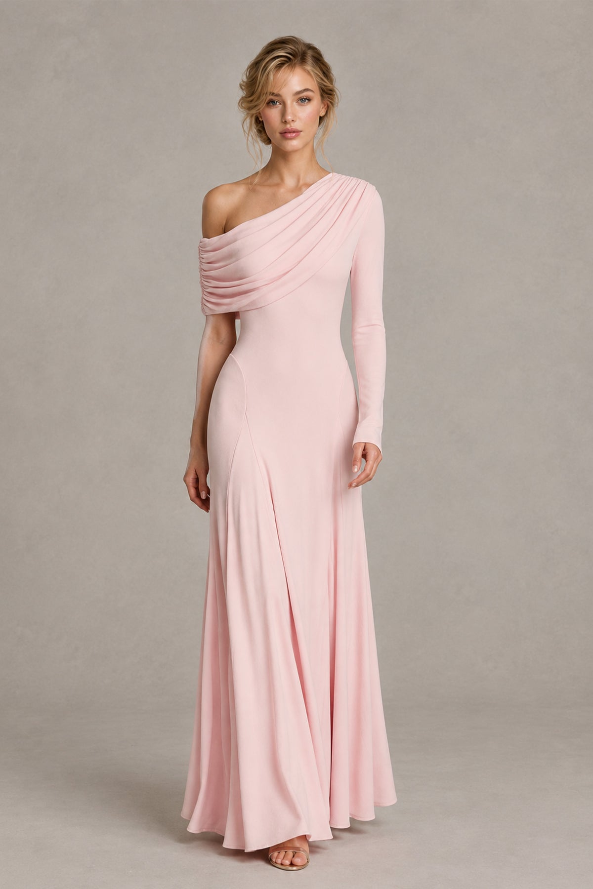 BOLODOO XX050 pink formal gown with flared floor-length skirt, walking front view