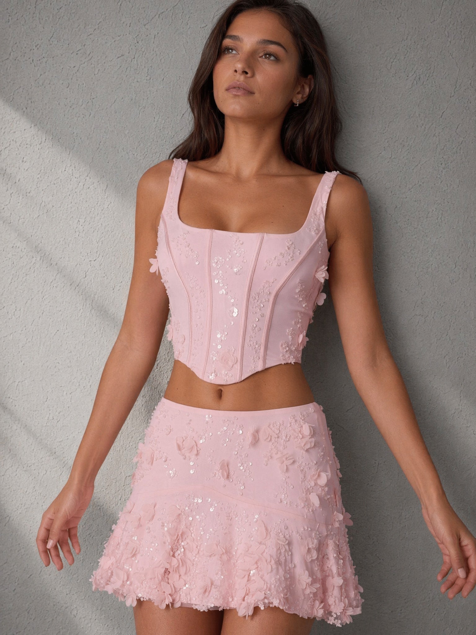 BOLODOO blush pink 3D floral lace corset top and mini skirt set - side light lifestyle full length