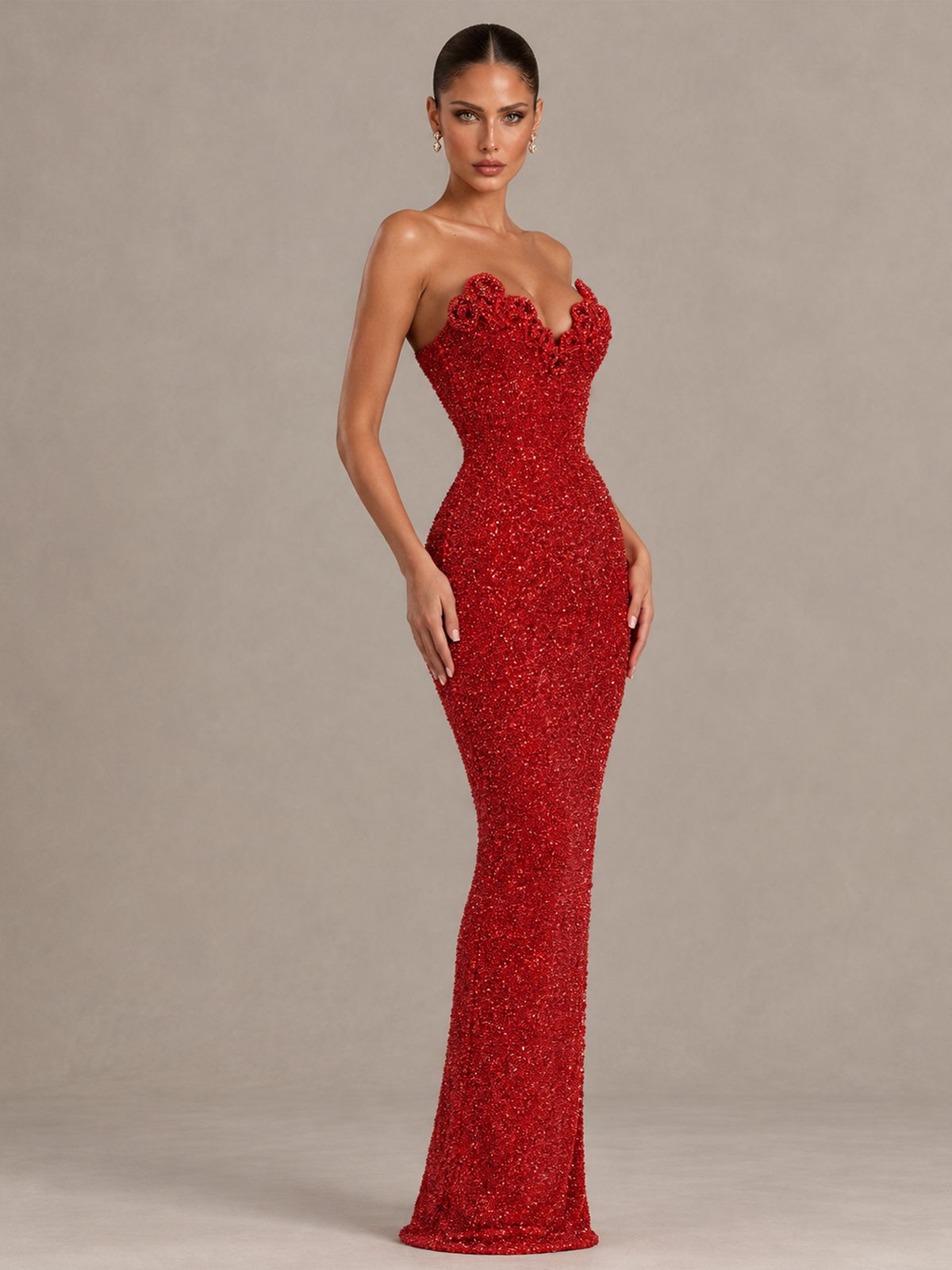 BOLODOO Red Strapless Sequin Evening Gown with Floral Neckline 