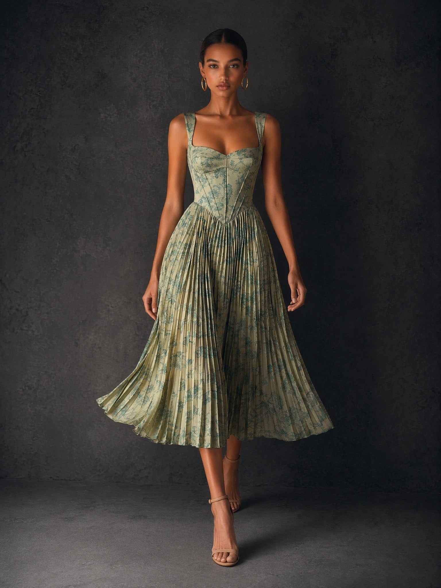 BOLODOO Olive Green Floral Print Corset Accordion Pleated Satin Tea Length Dress - Front Full Length Walking View showing Skirt Flow