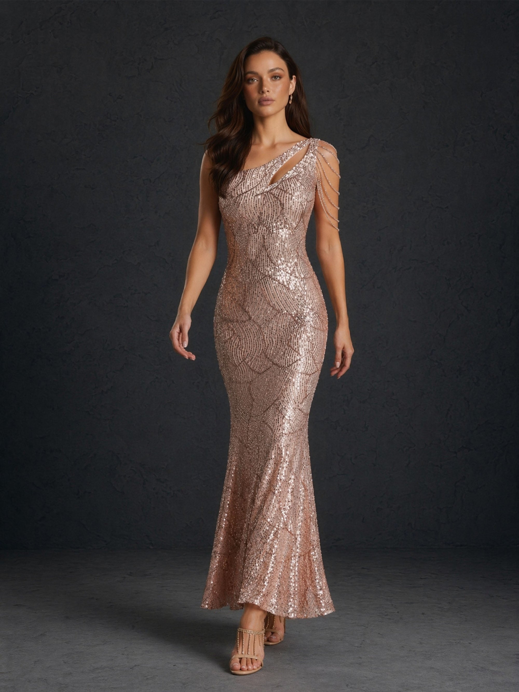 BOLODOO Rose Gold Geometric Wave Sequin One-Shoulder Cutout Multi-Strand Chain Drape Low Open Back Mermaid Maxi Dress - Front Upper Body Close-up Showing One-Shoulder Cutout Neckline and Multi-Strand Gold Chain Drape Detail