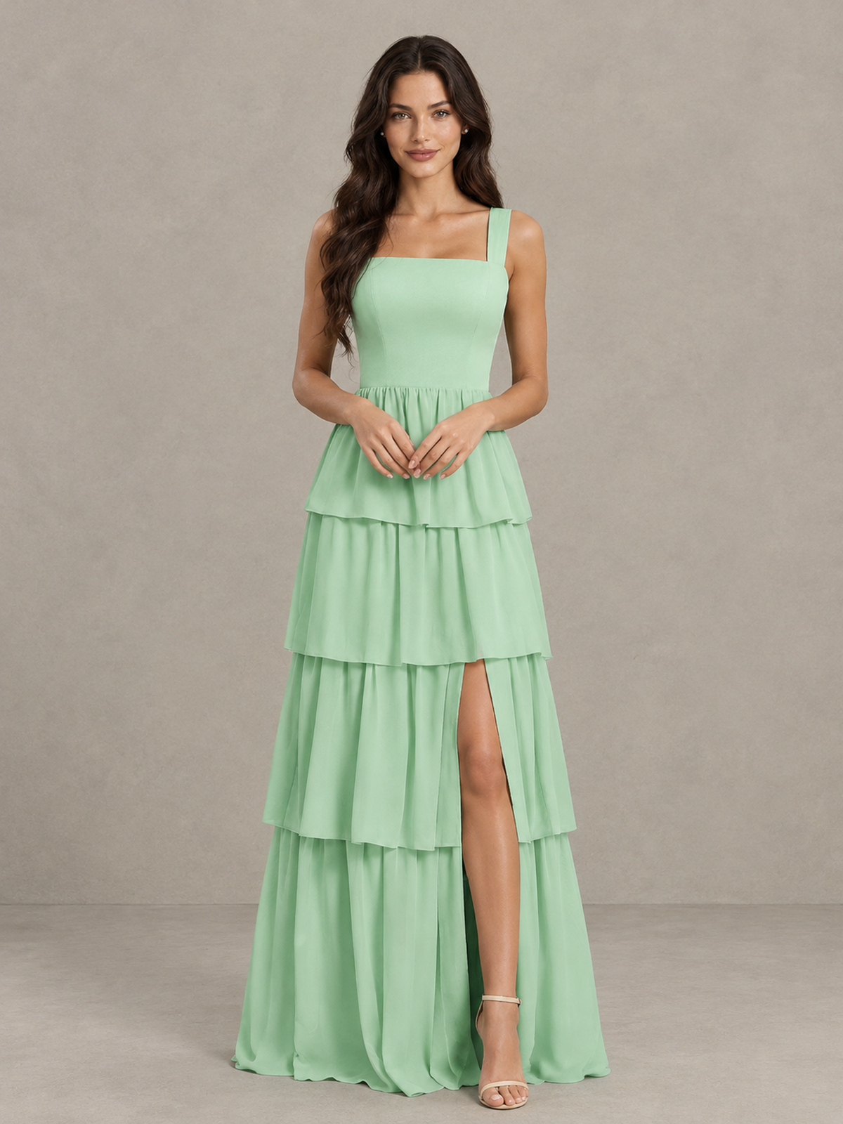 BOLODOO Mint Green Square Neck Tiered Bridesmaid Dress with Slit 