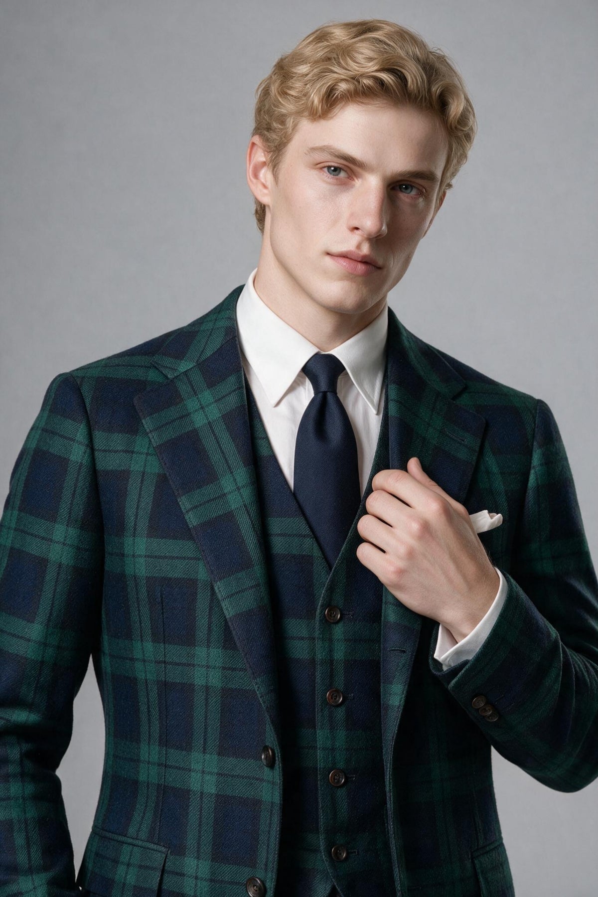Bolodoo FQ1018 plaid suit lapel button-front waistcoat and fabric detail