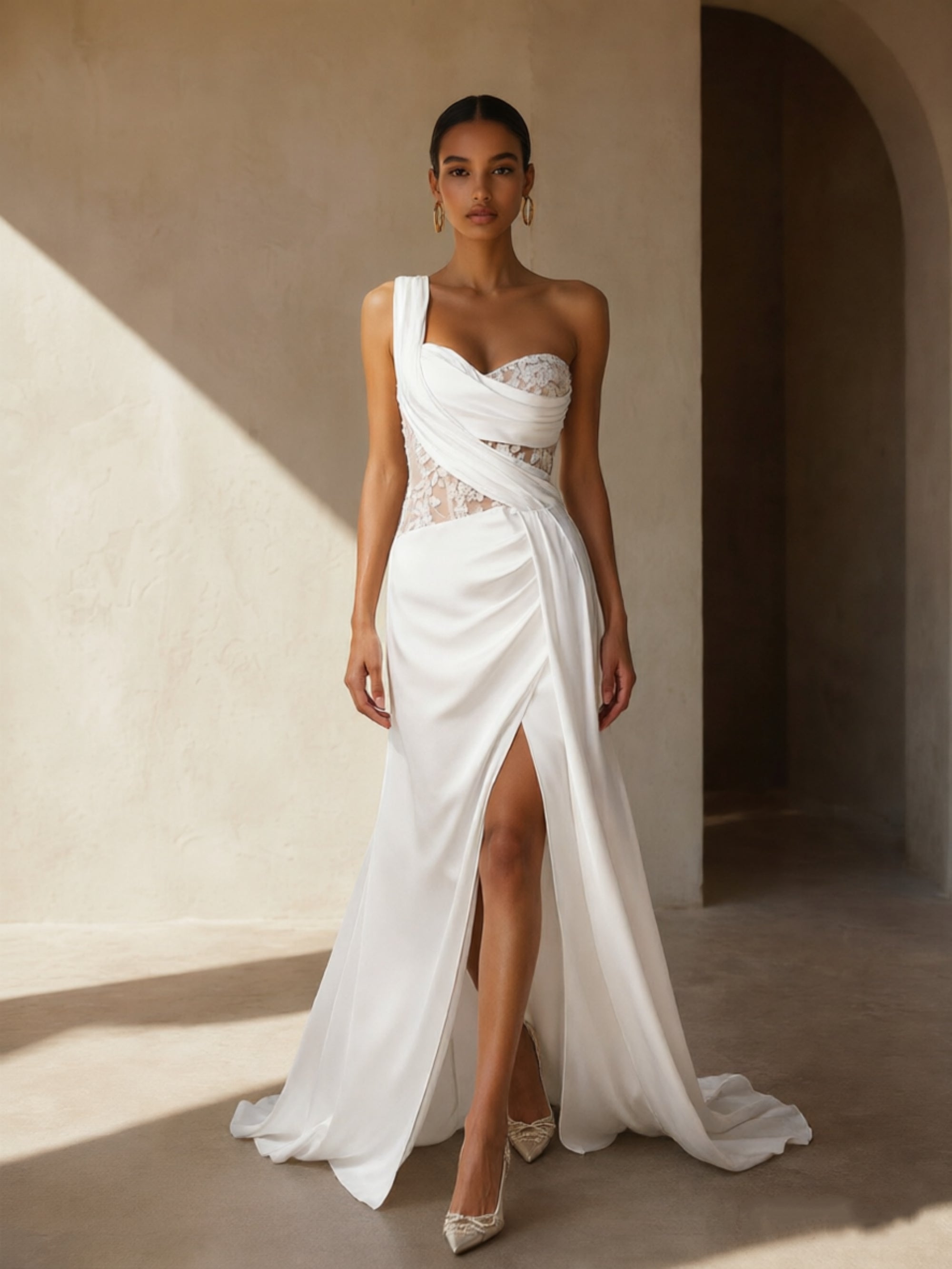 BOLODOO Ivory One-Shoulder Satin Sheer Lace Corset Waist Open Back High Slit Mermaid Wedding Dress - Back View Showing Full Open Back Sheer Lace Corset and Sweep Train