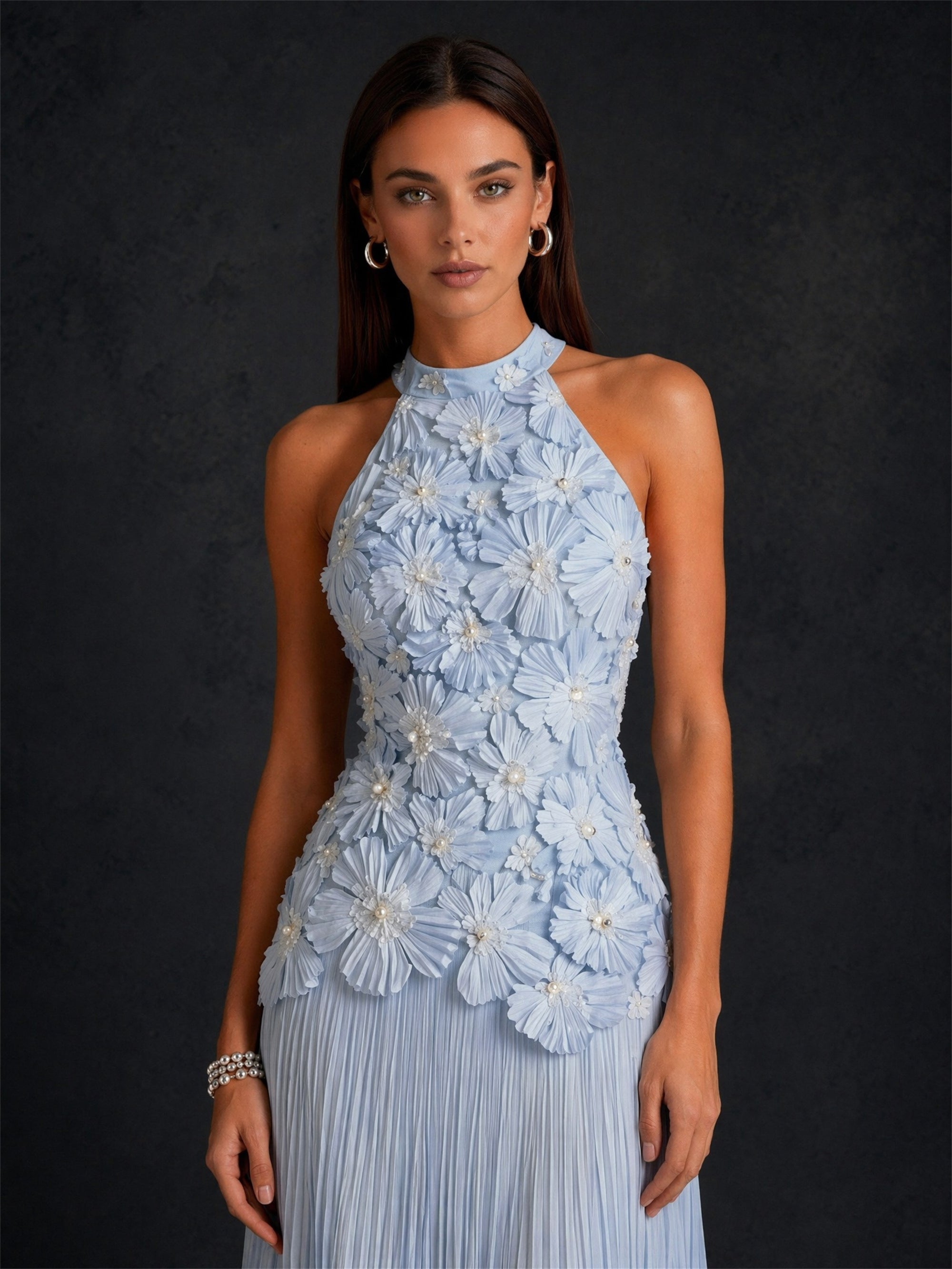 BOLODOO Sky Blue 3D Floral Halter Neck Pleated Maxi Dress - Back View showing Open Racerback