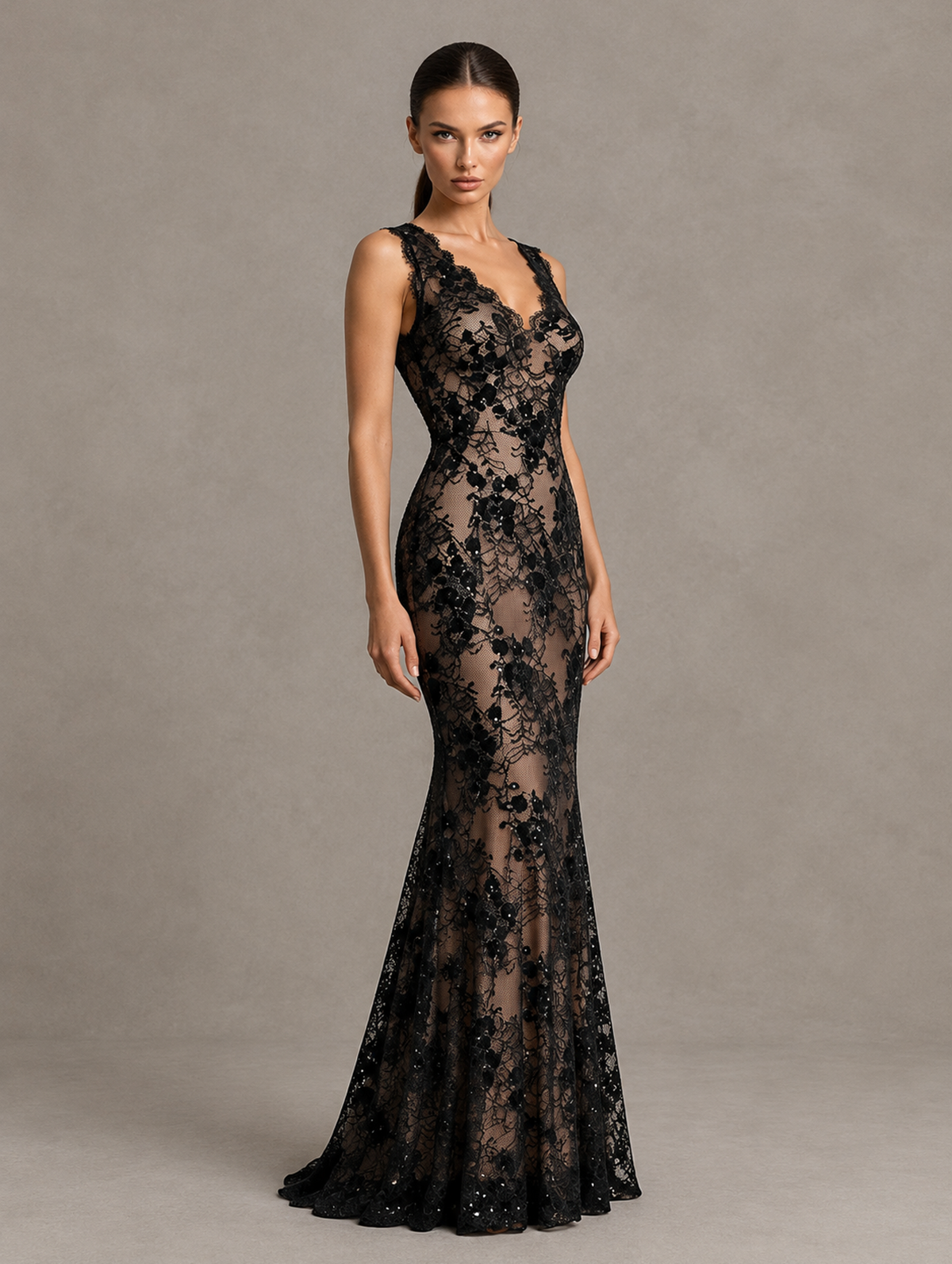 BOLODOO Black Floral Lace Sequin Mermaid Evening Gown 