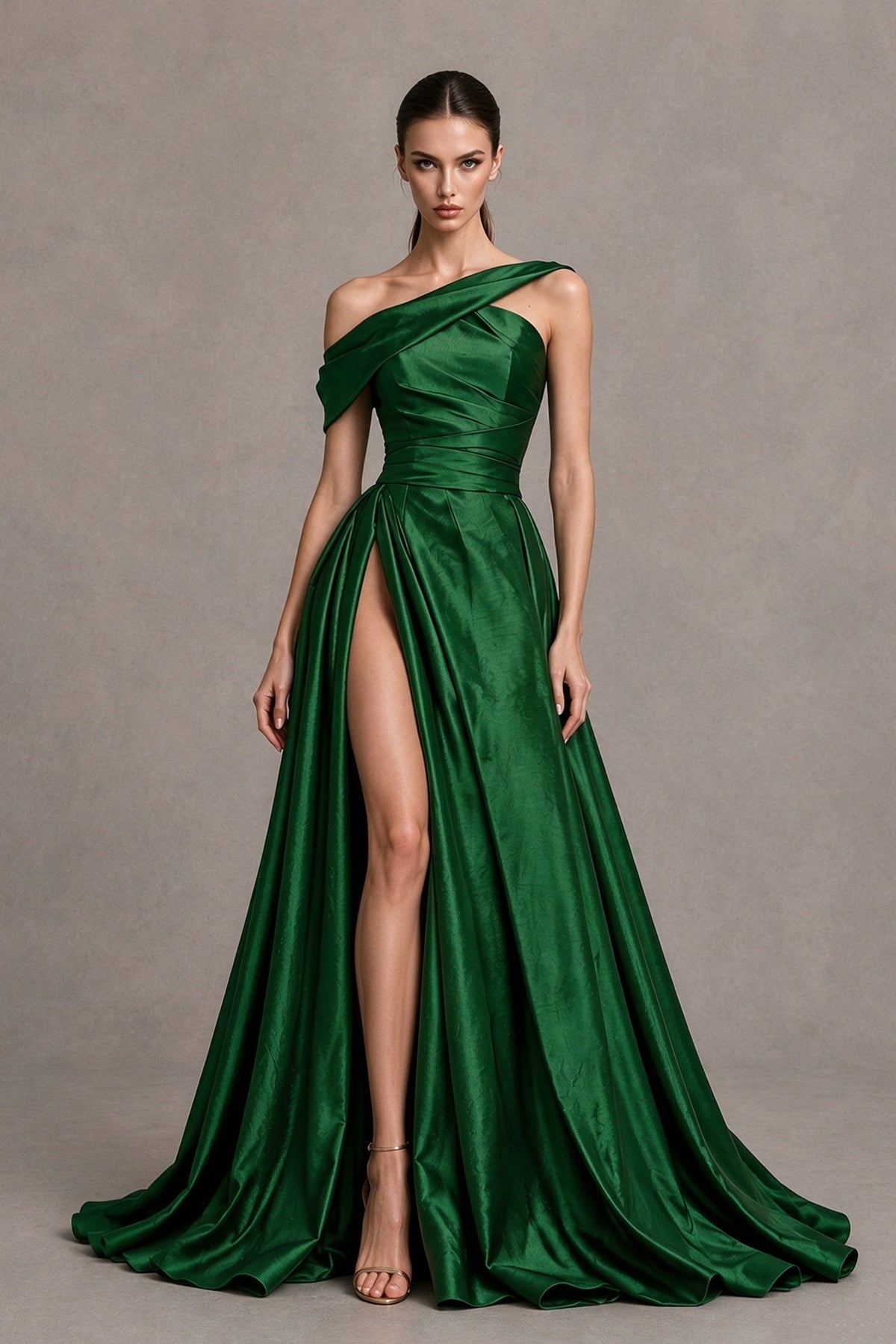 BOLODOO Emerald Green Asymmetric Satin-Look A-Line Prom Dress with High Slit 