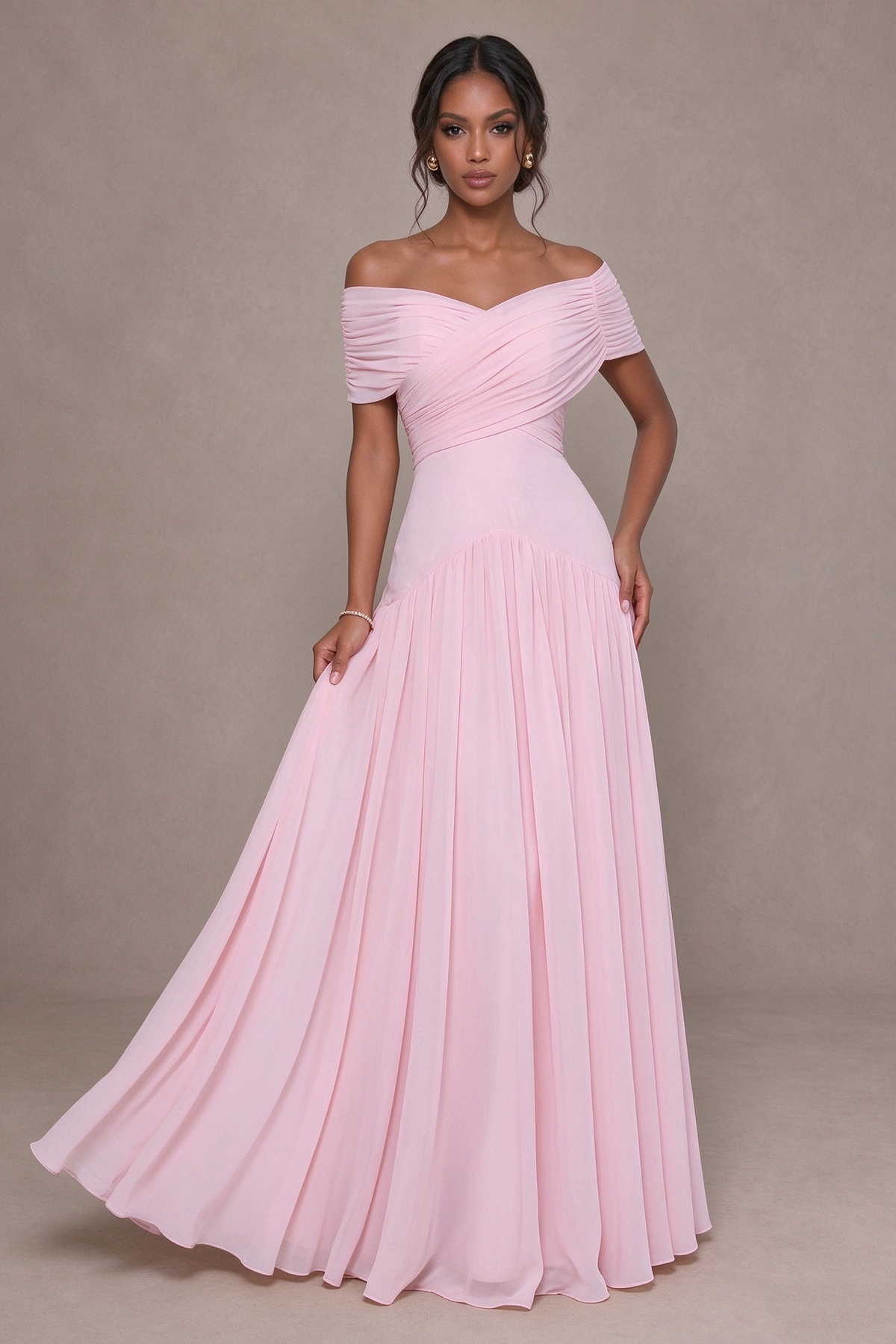 BOLODOO Blush Pink Off-Shoulder Ruched A-Line Bridesmaid Dress 