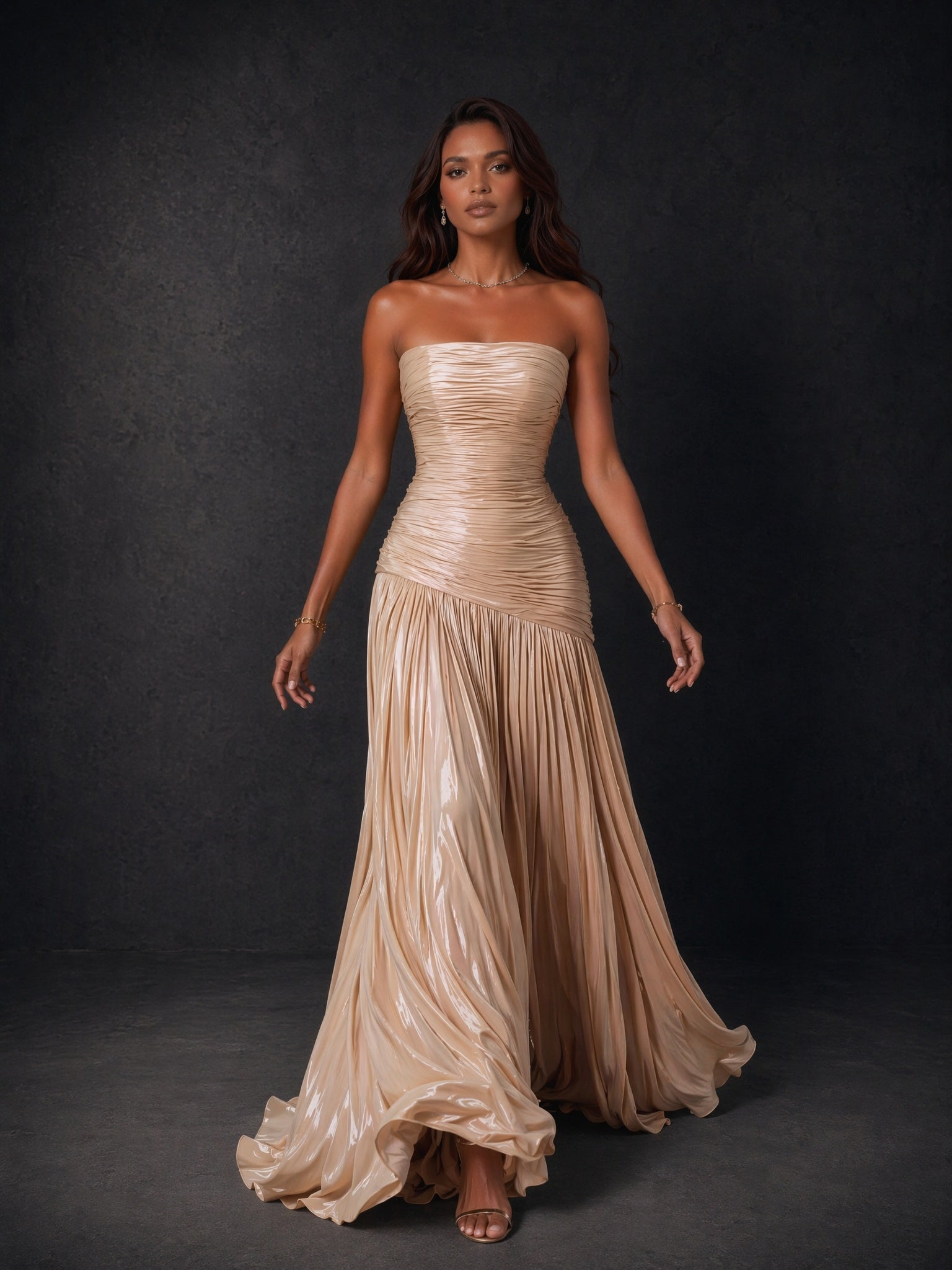 BOLODOO champagne gold metallic ruched strapless pleated A-line backless maxi dress - front view looking down