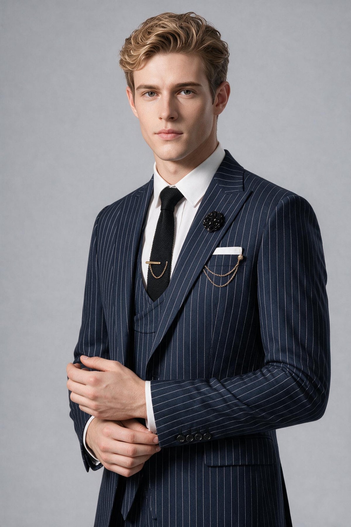 Bolodoo FQ1010 men's navy pinstripe three-piece suit with jacket vest and trousers, full front view