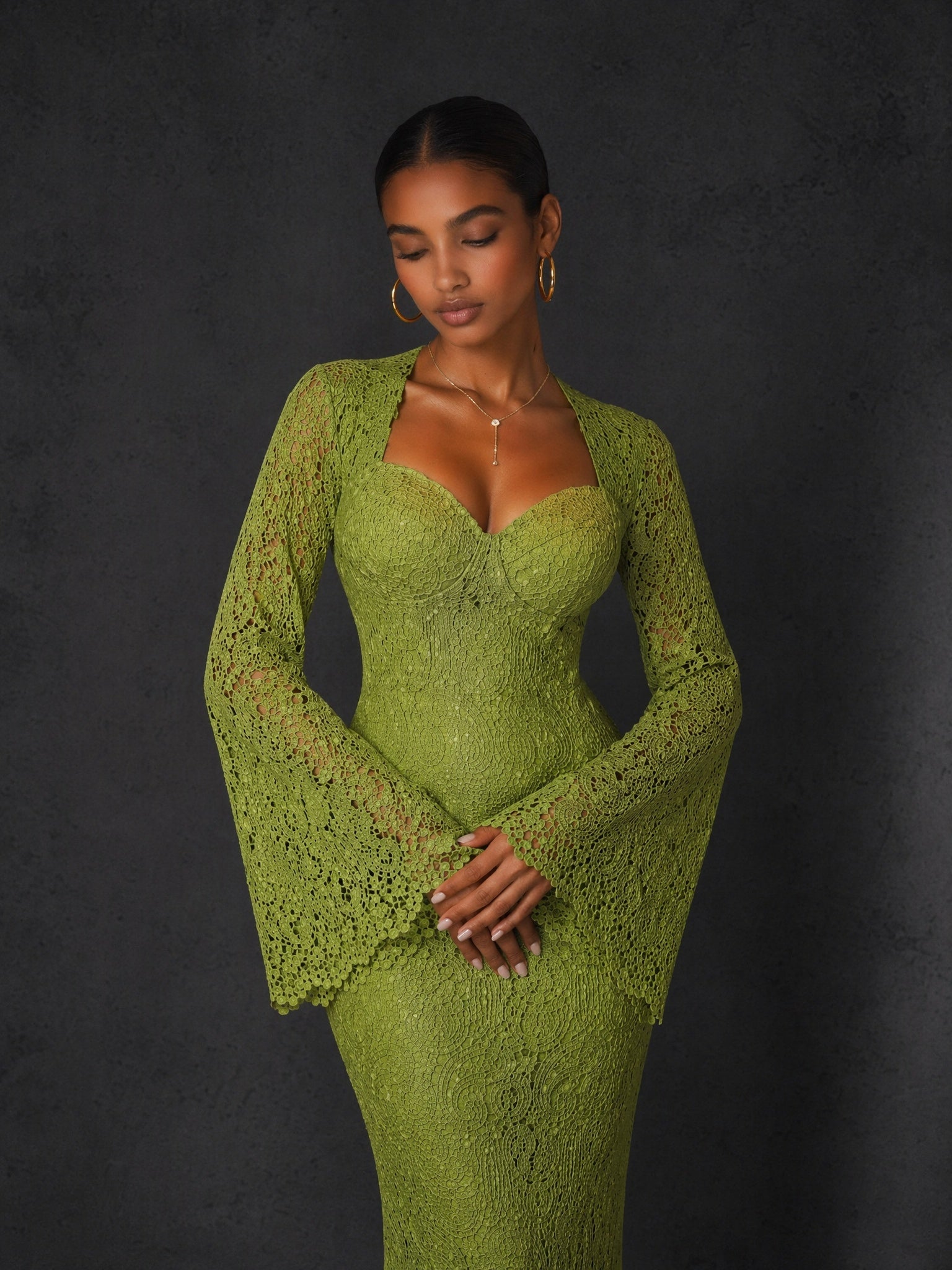 BOLODOO olive green lace mermaid maxi dress - close up sweetheart neckline and bell sleeves
