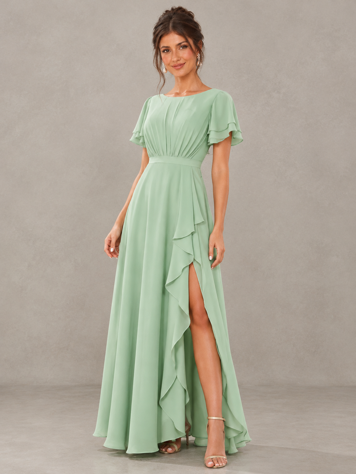 BOLODOO Sage Green Flutter Sleeve Ruffle Bridesmaid Dress with Slit 