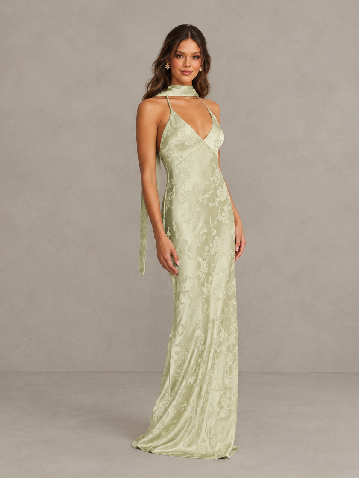 BOLODOO Sage Green Floral Satin Open-Back Bridesmaid Dress 