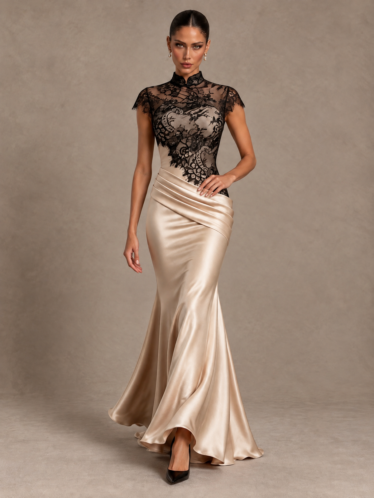 BOLODOO Champagne & Black Lace High Neck Mermaid Formal Dress 