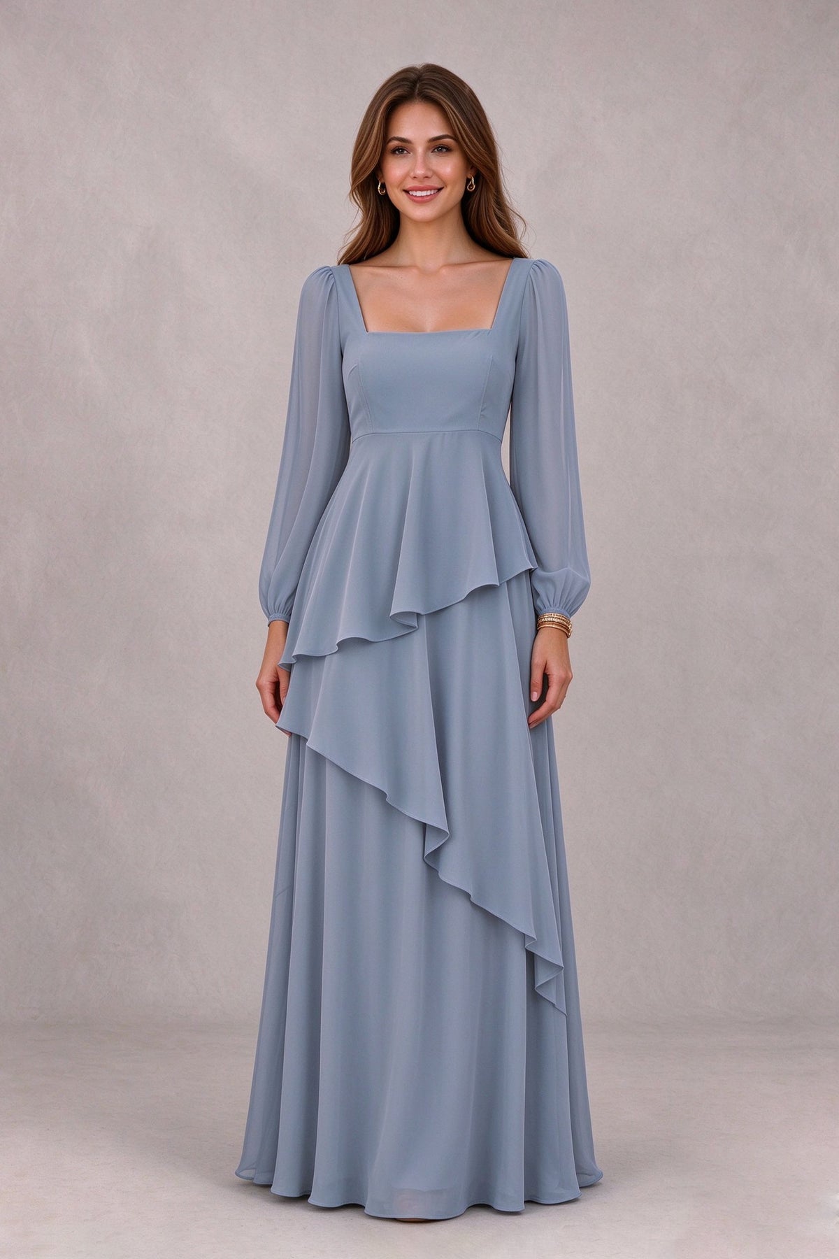 BOLODOO FQ0067 floor-length dusty blue ruffle dress, walking view styled with a bouquet
